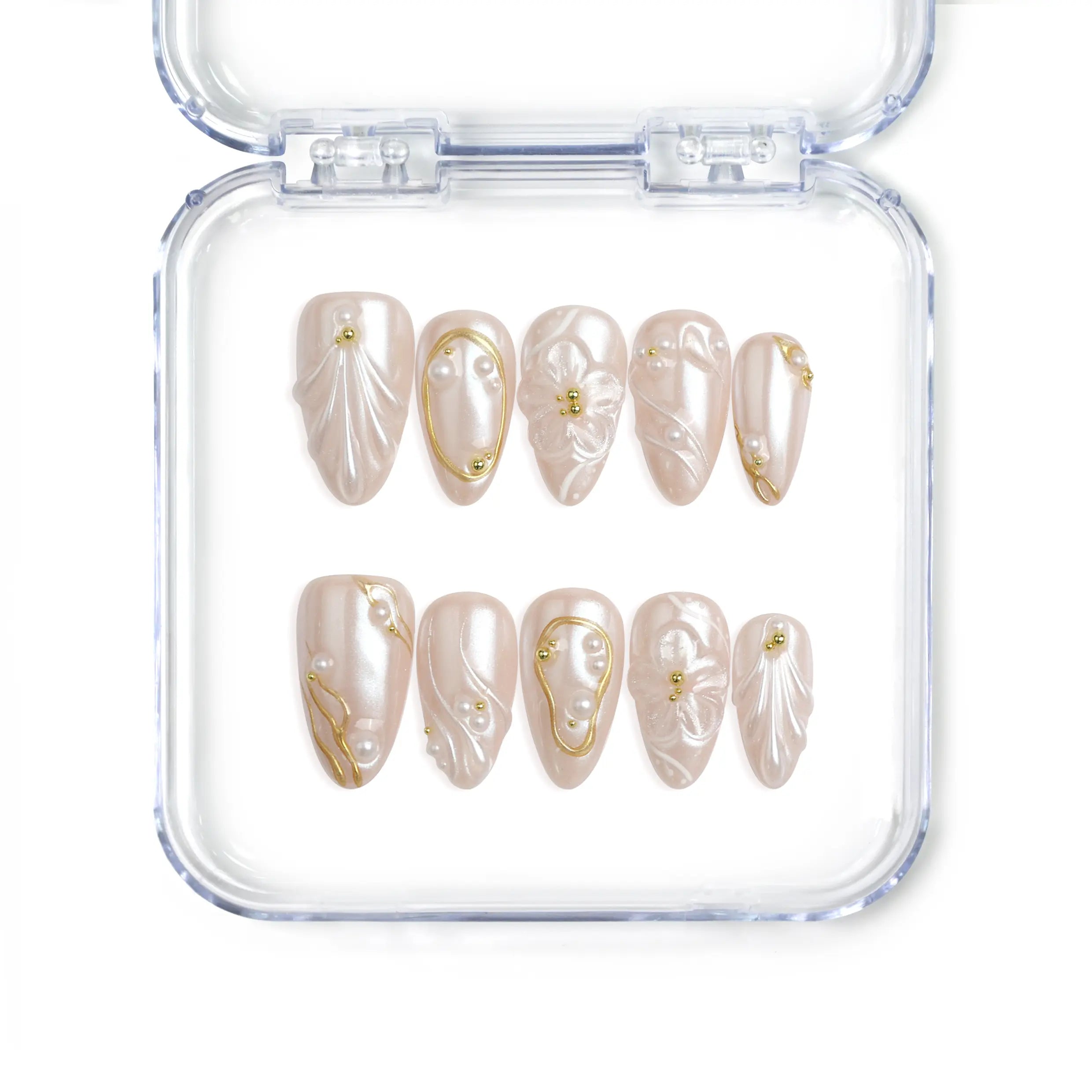 Singapore handmade press on nails with pastel pink base, 3D flower nail art, and gold accents by Naillover