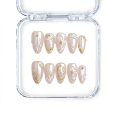 Singapore handmade press on nails with pastel pink base, 3D flower nail art, and gold accents by Naillover