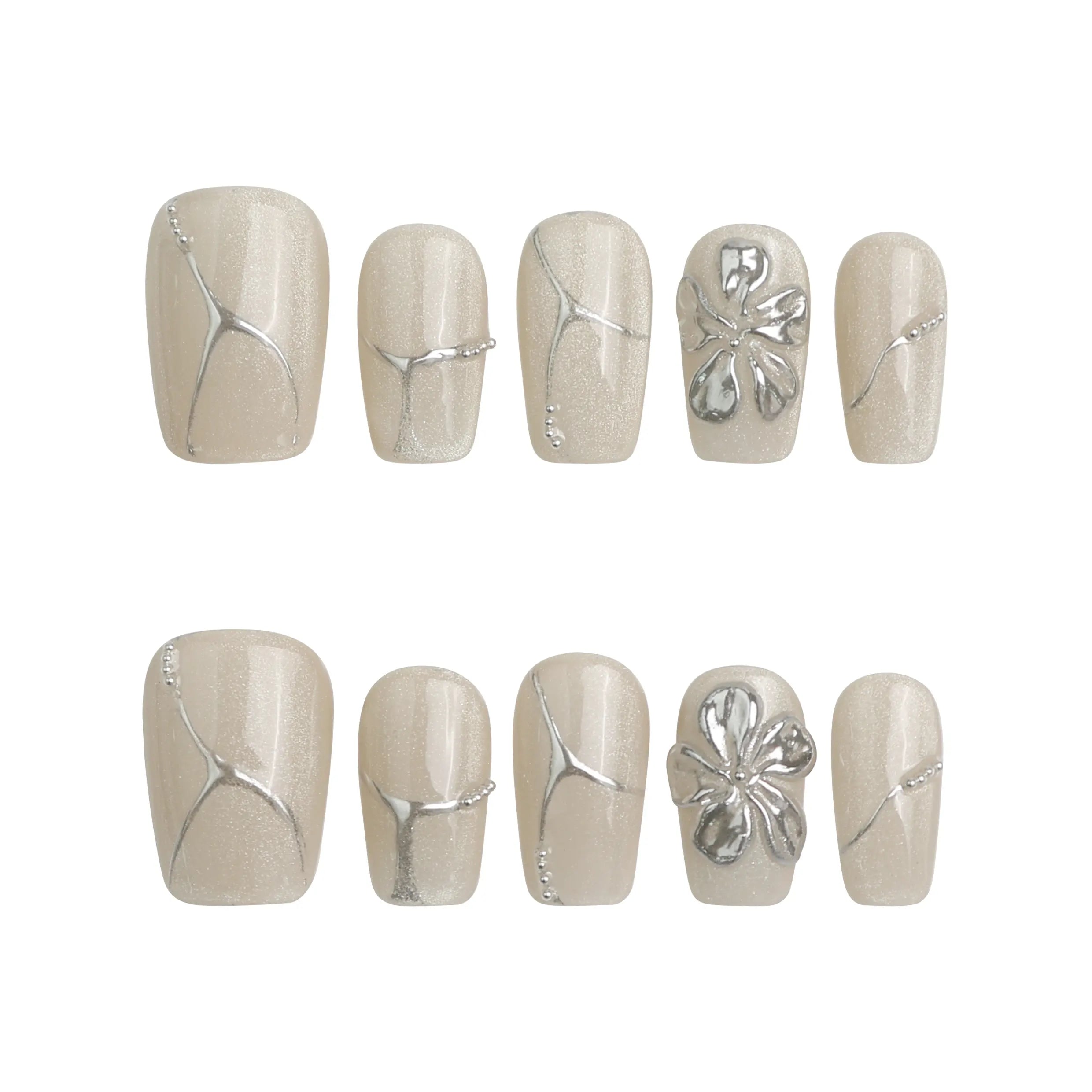Product display of Naillover’s handmade ivory press-on nails with silver foil effect
