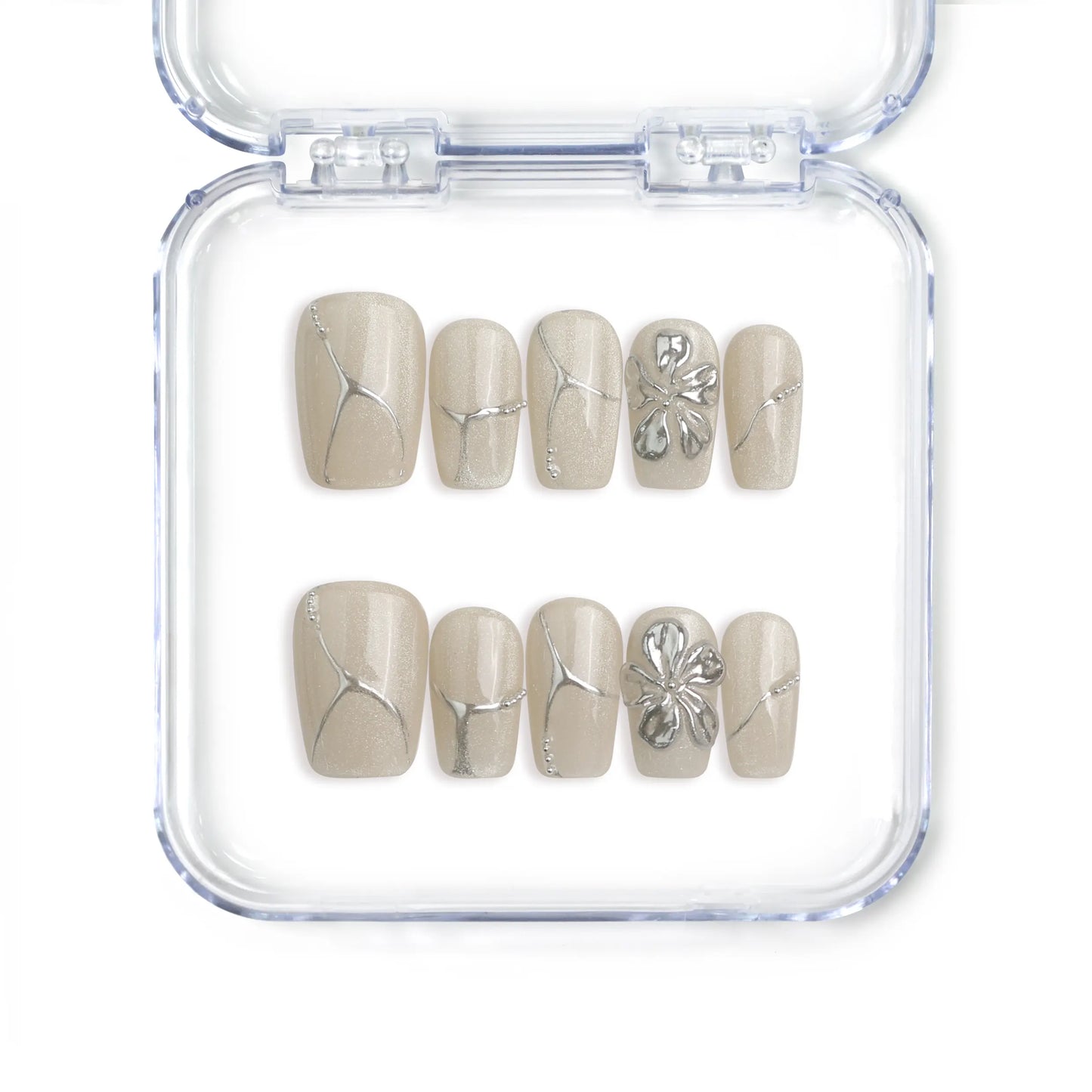 Singapore handmade short square press on nails in ivory with silver flower art by Naillover
