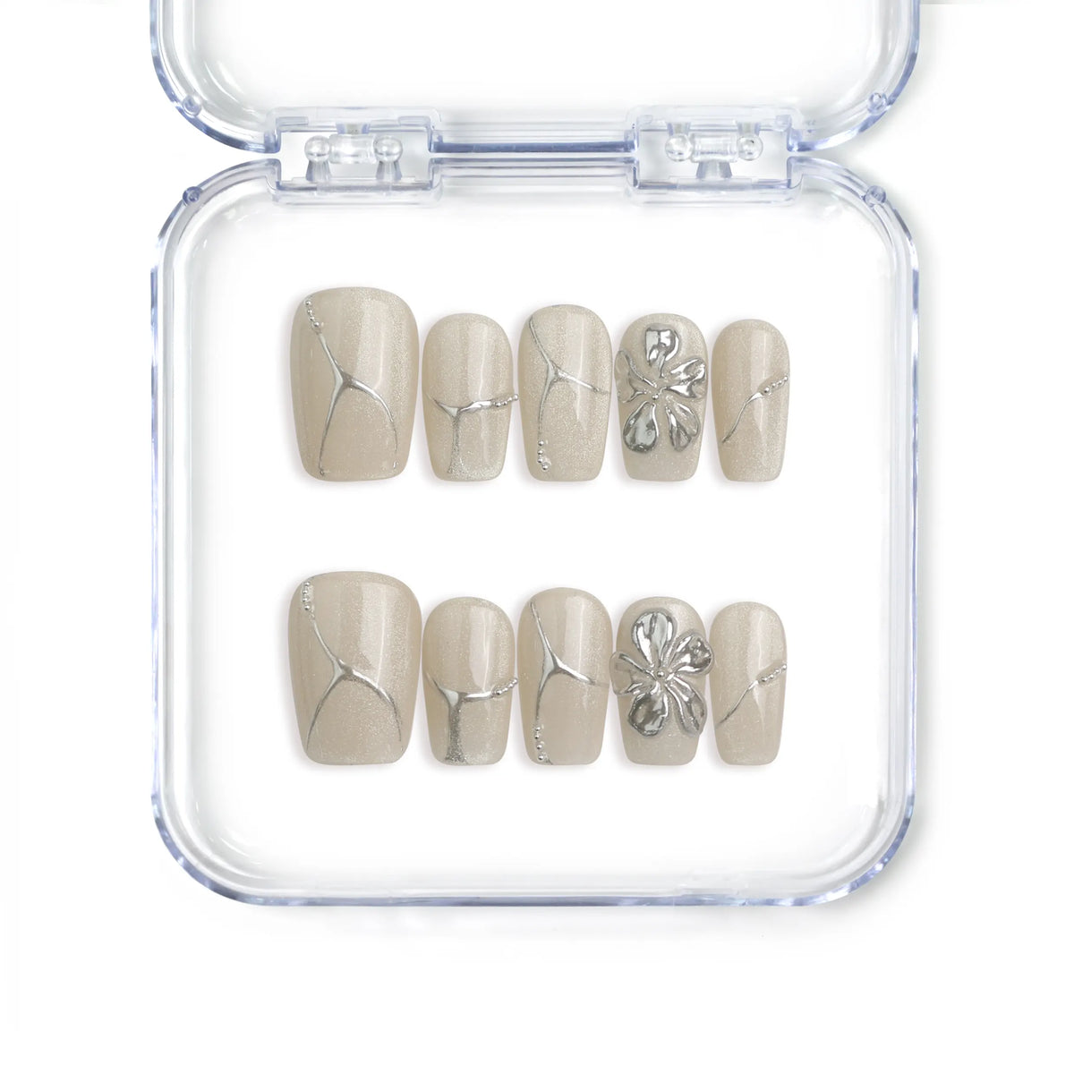 Singapore handmade short square press on nails in ivory with silver flower art by Naillover