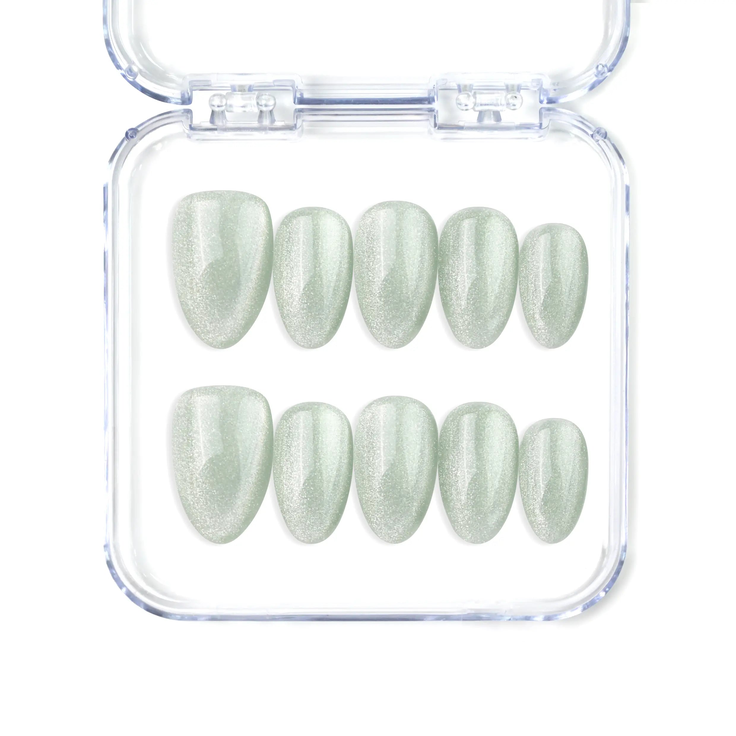 Naillover Jade Curve handmade Singapore press on nails in almond shape with jade green cat eye shimmer finish.