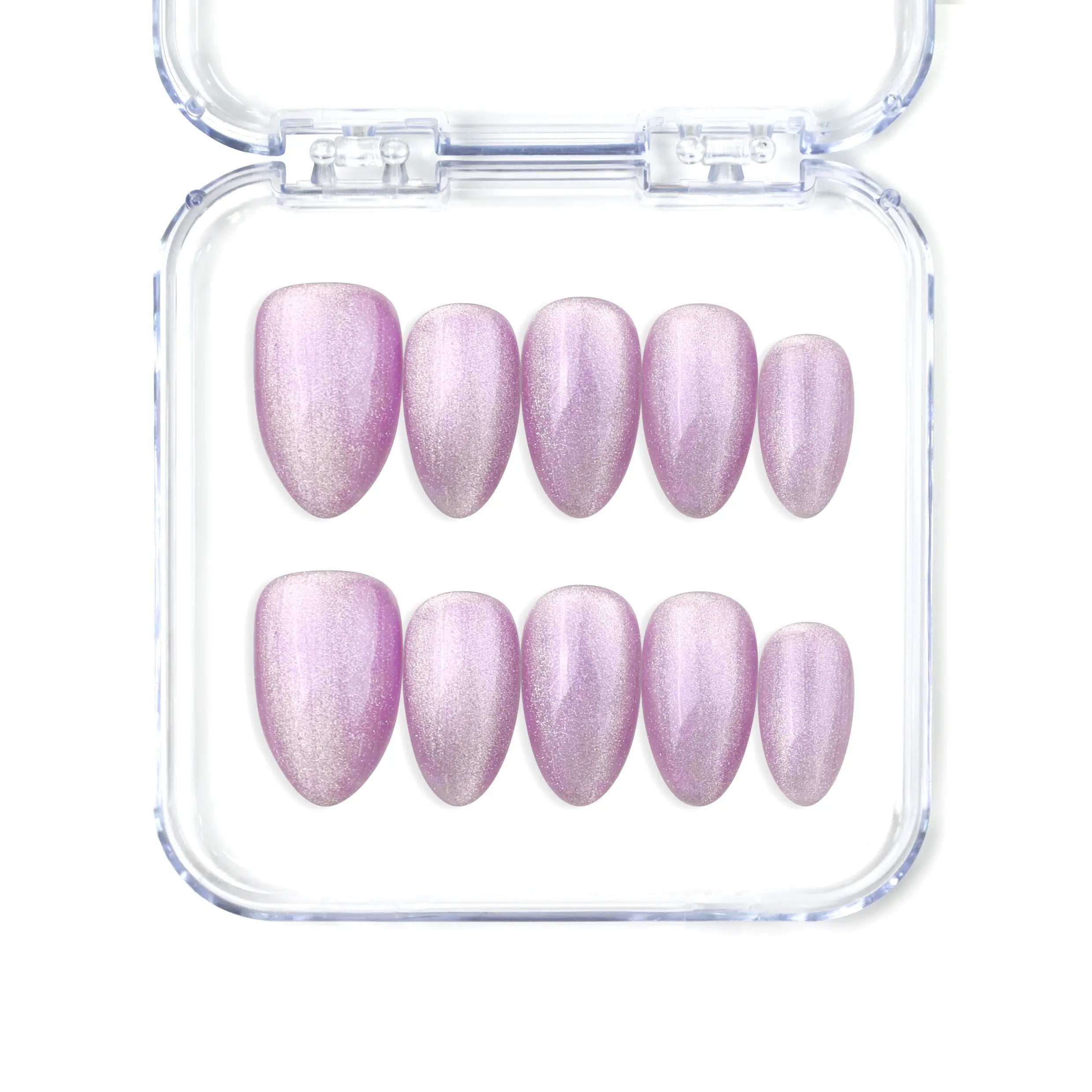 Naillover Lilac Sparkle handmade Singapore press on nails in soft lavender with cat eye shimmer, almond shape.