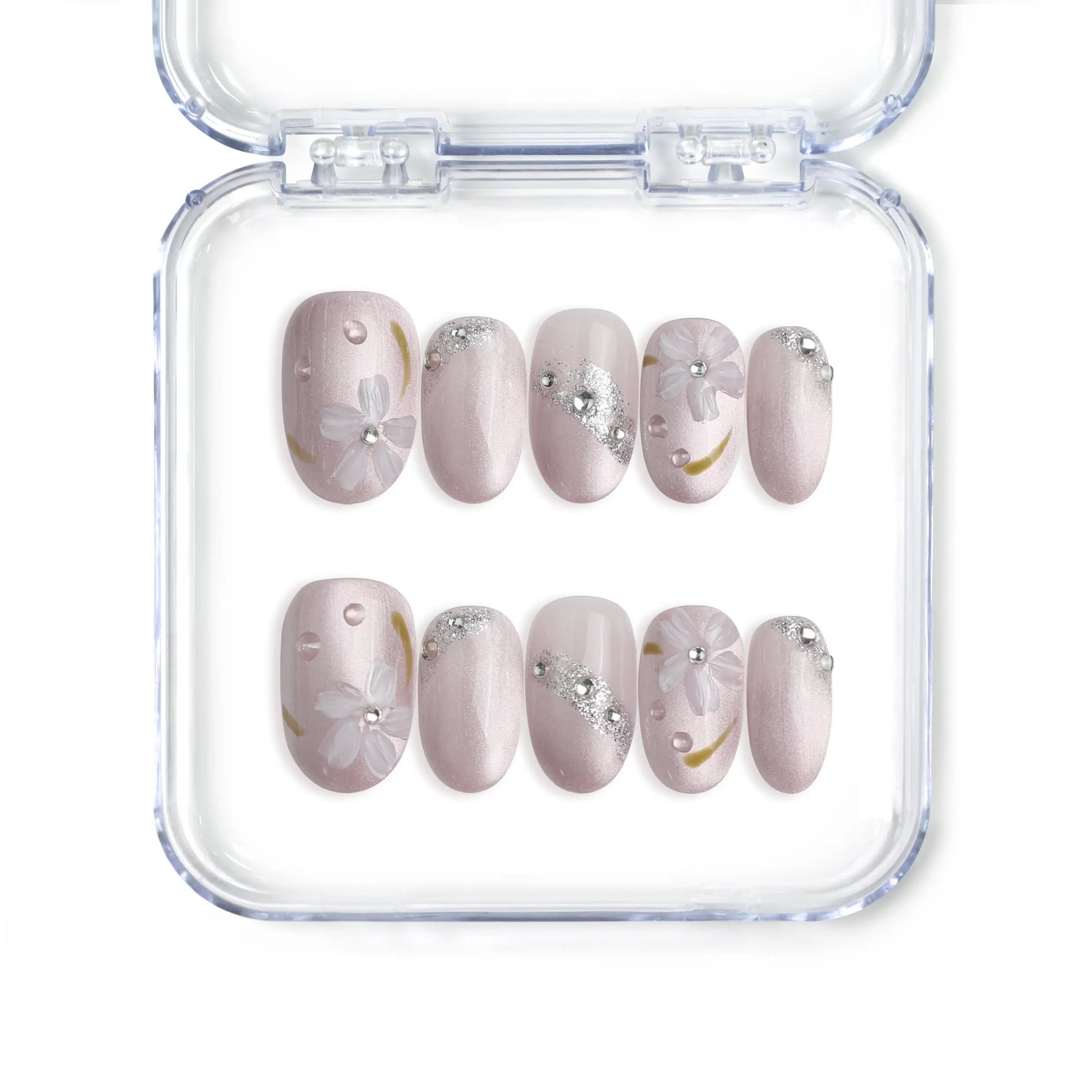 Singapore handmade pink press on nails with floral design and rhinestone accents by Naillover