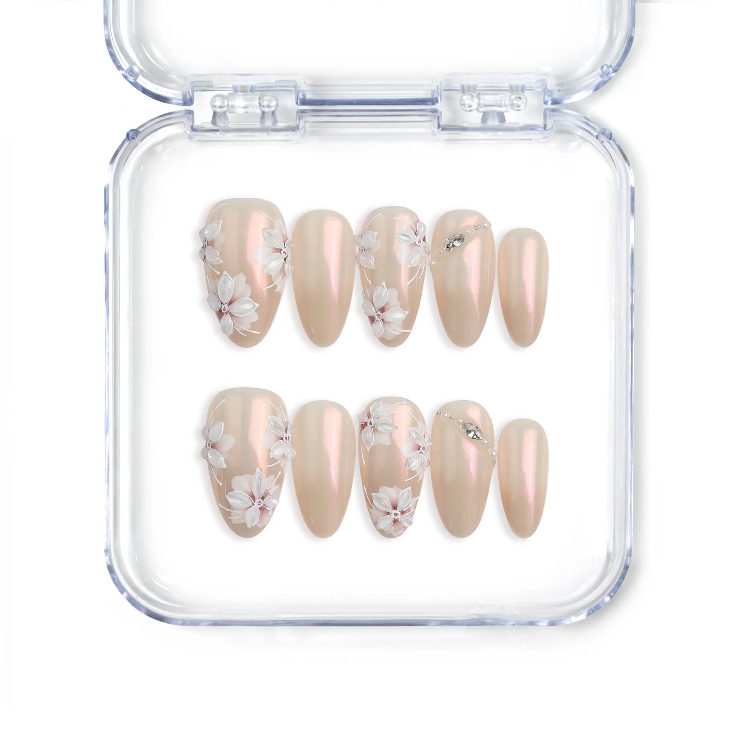 Naillover handmade Singapore press on nails in pink almond shape with 3D flower nail art and shimmer finish