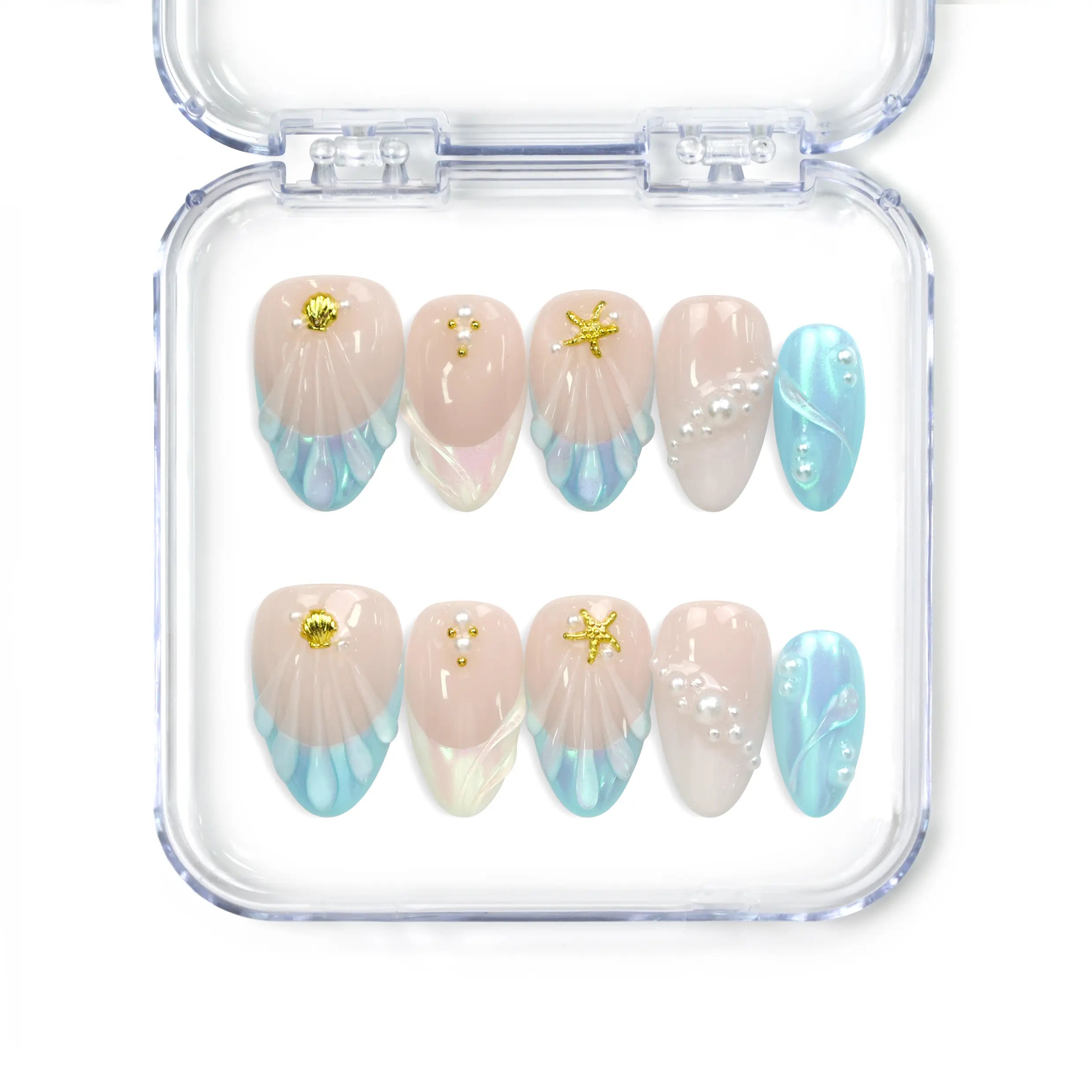 Naillover Marine Dream handmade press on nails with pastel shades, shimmering accents, and gold embellishments from Singapore press on nails collection.
