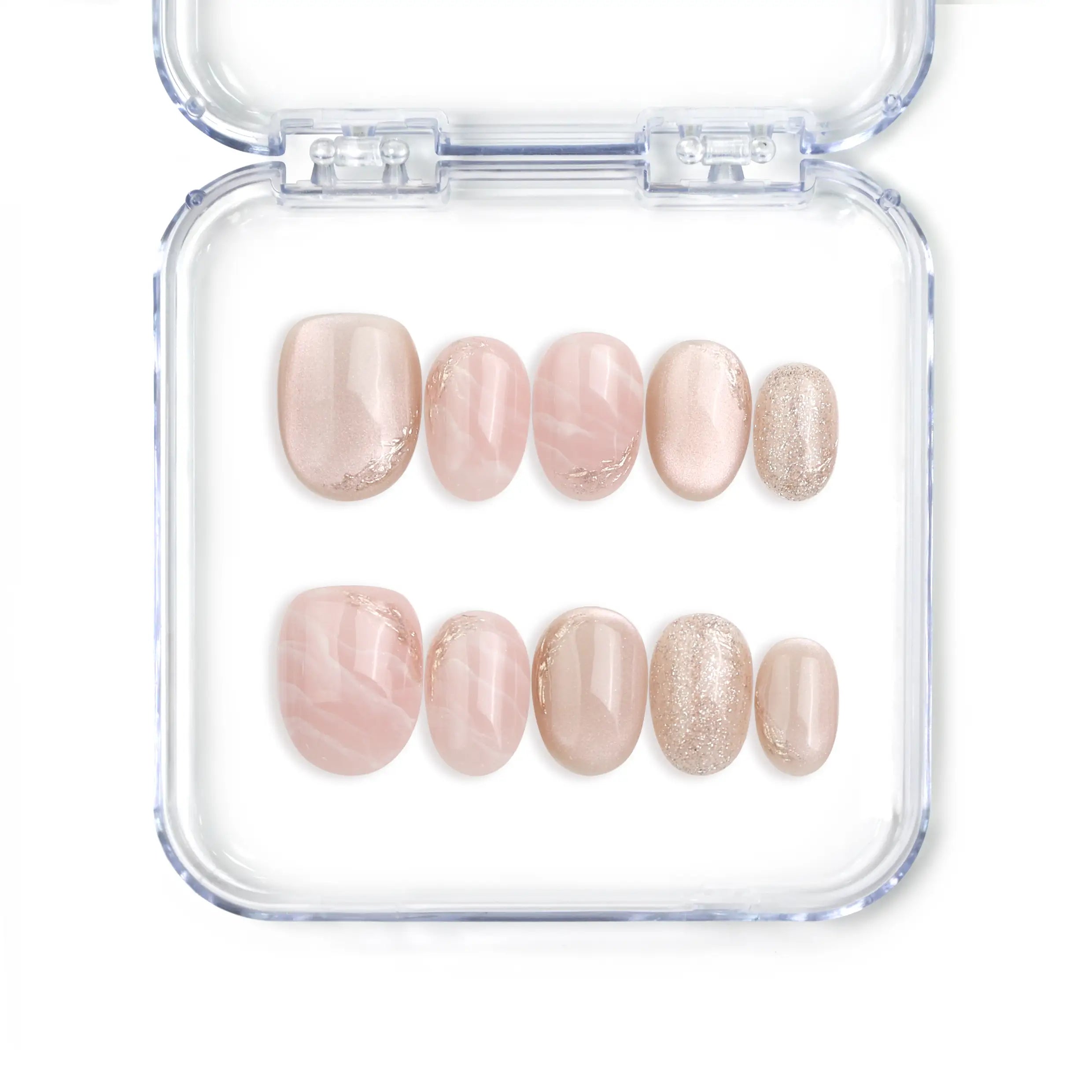 Full set of Naillover Mellow Marble Singapore press on nails featuring pink and white marbled design with subtle shimmer.