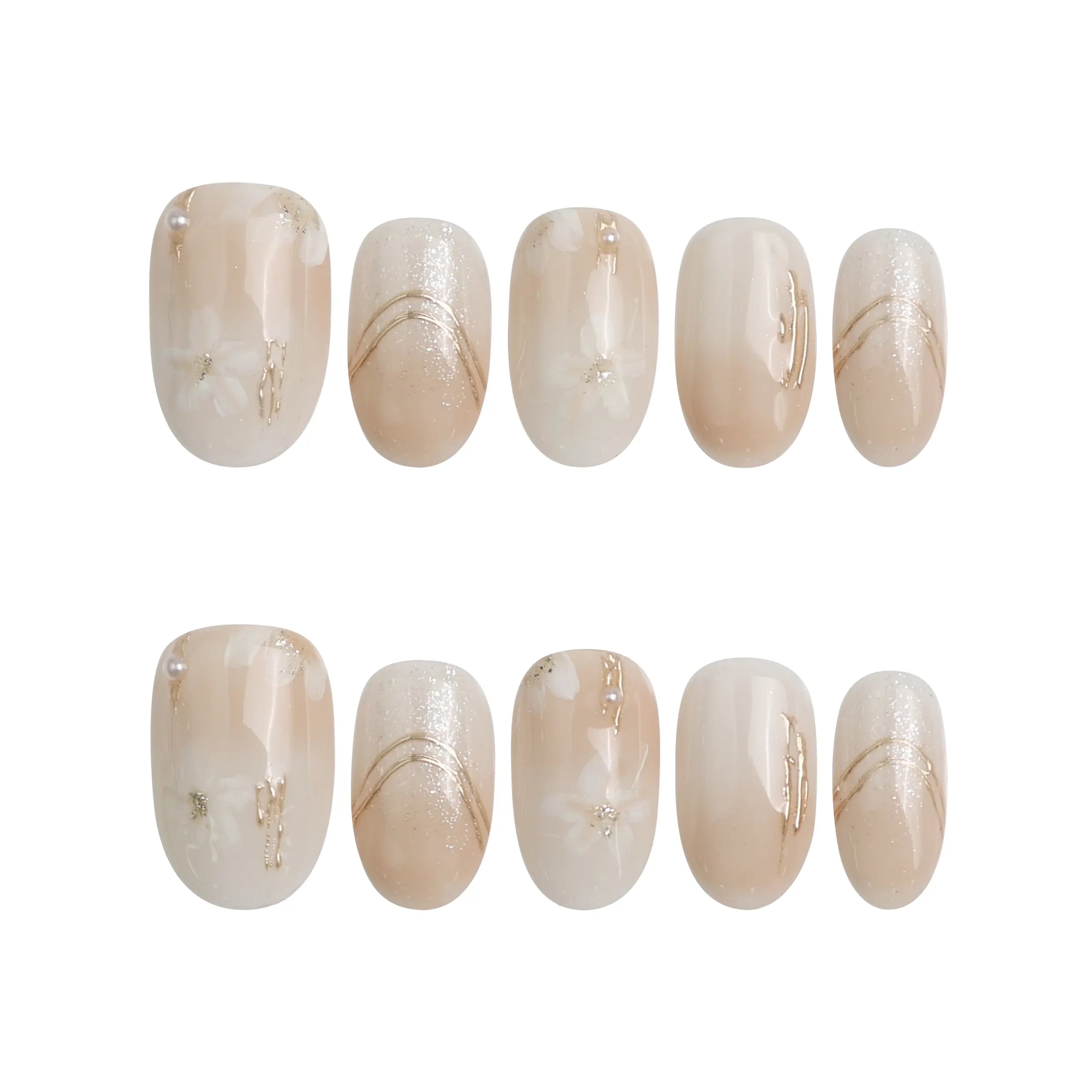 Product display of Naillover’s short oval greige press-on nail set with refined shimmer