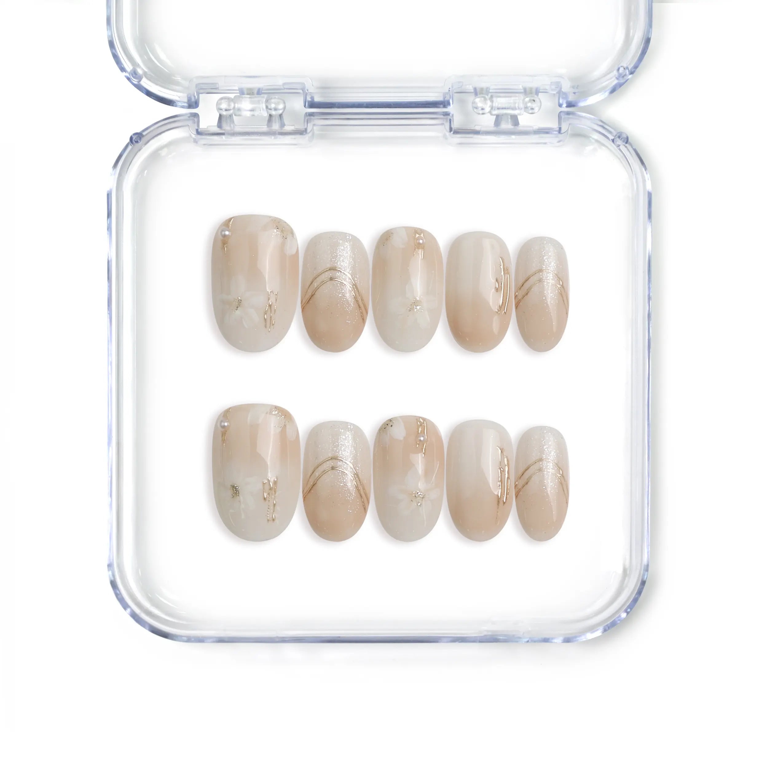 Handmade Singapore press on nails in short oval shape with greige tones and golden shimmer by Naillover