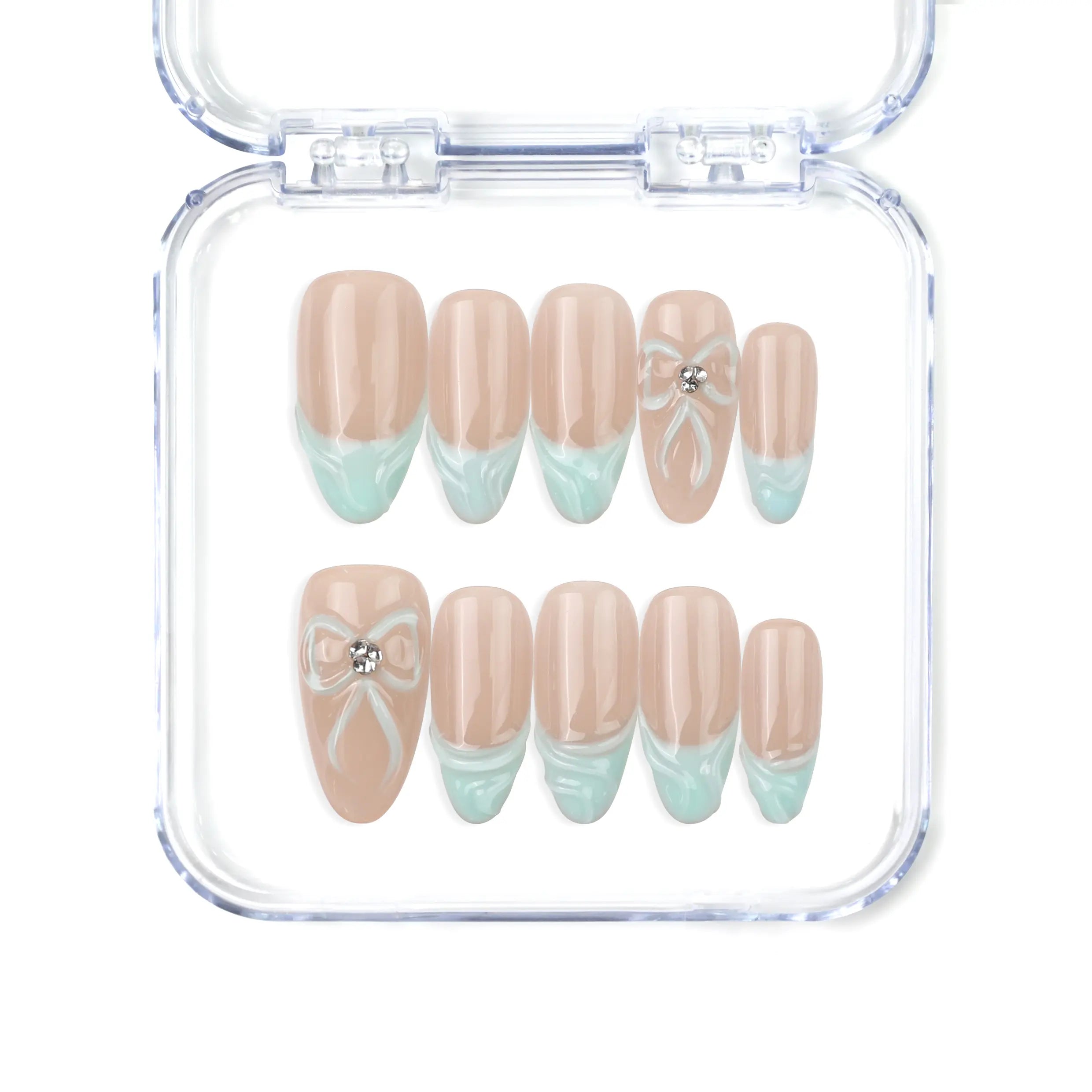 Naillover Mint Chic handmade Singapore press on nails with nude base, mint green gradient tips, and pearl bow accents.