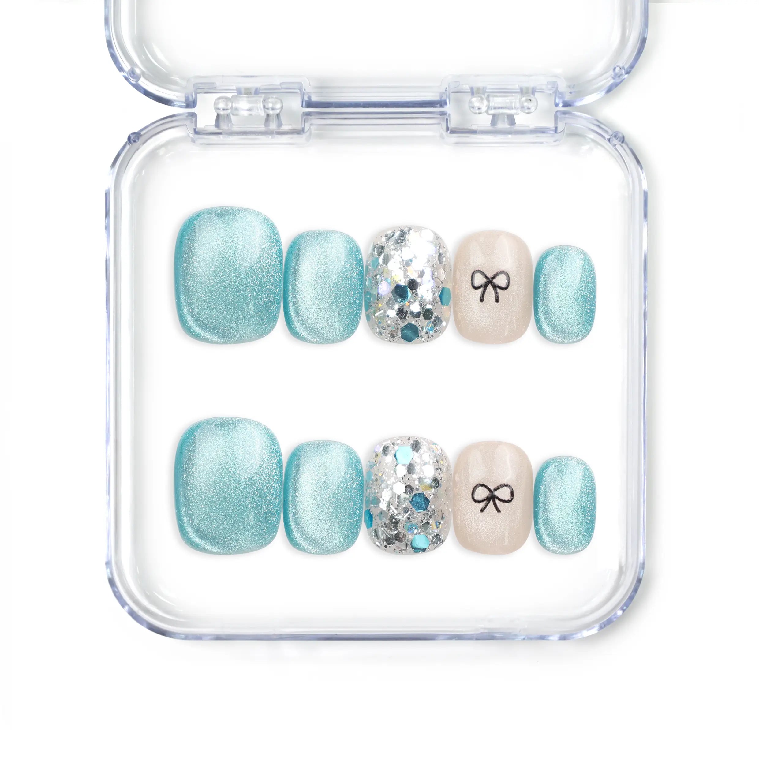 Mint Frost handmade blue shimmer press on nails with crystal accents and bow, Singapore design by naillover