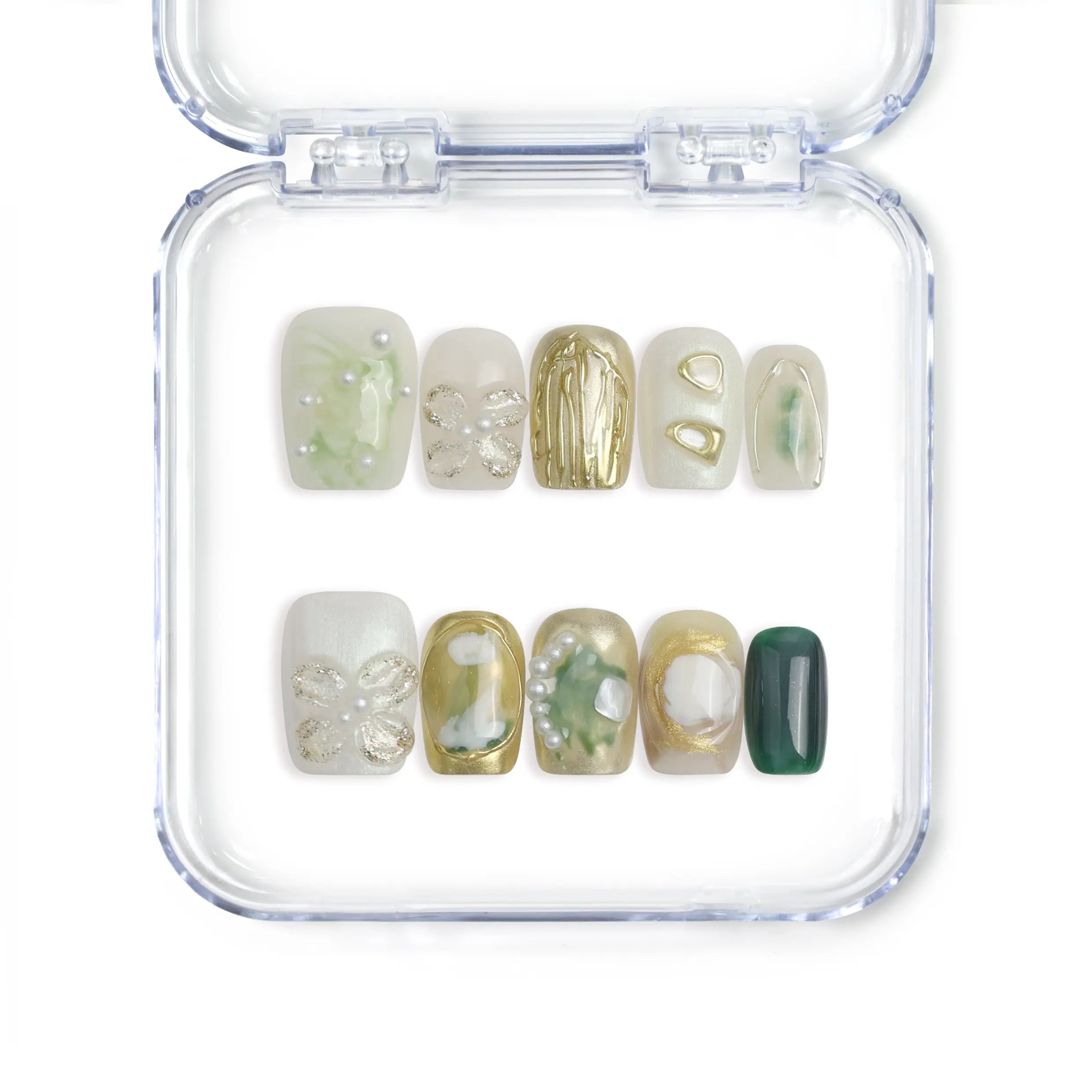 Naillover handmade Singapore short square press on nails in mint and white with gold accents and 3D flower nails art