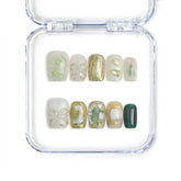 Naillover handmade Singapore short square press on nails in mint and white with gold accents and 3D flower nails art