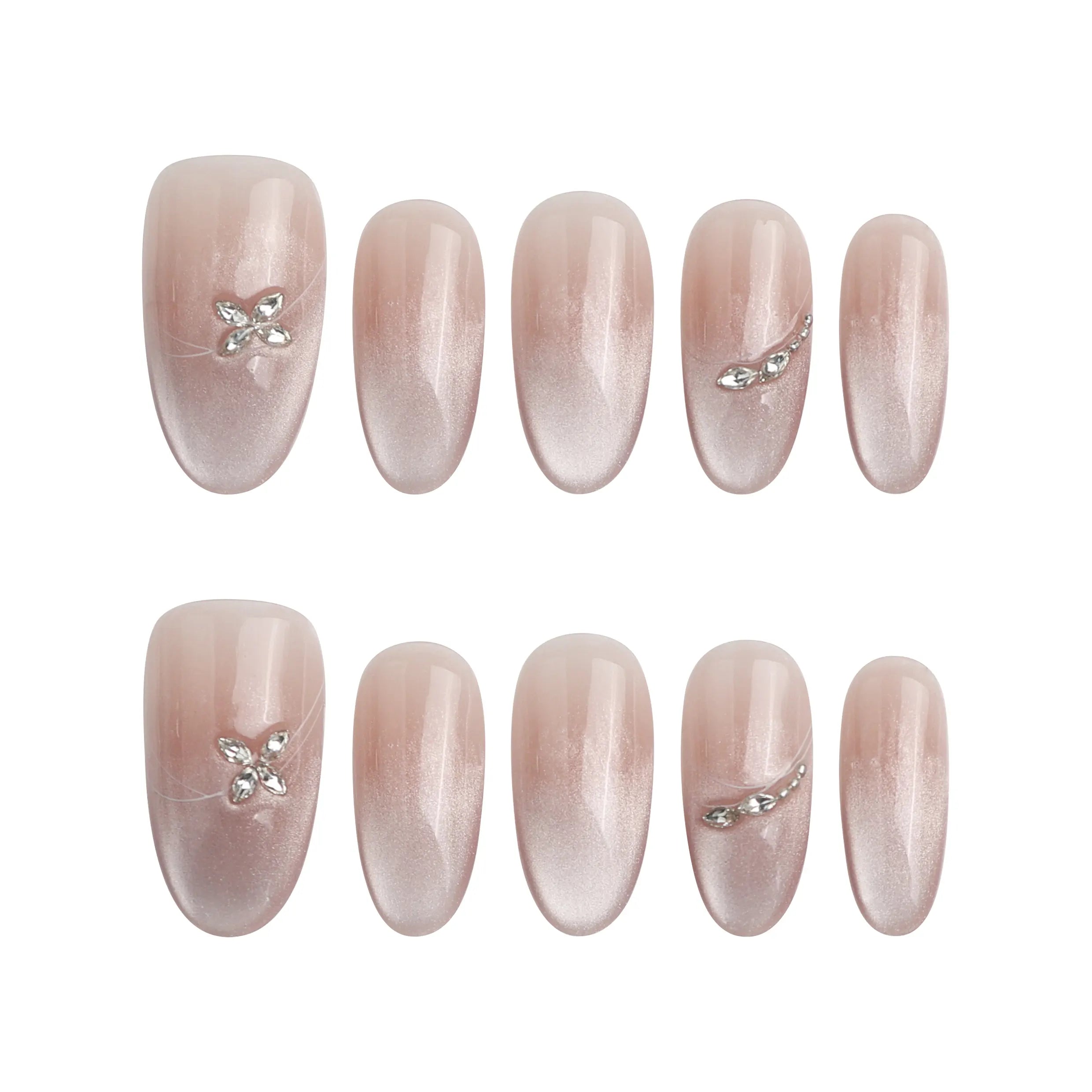 Product display of Naillover’s handmade Singapore press-on nail set with silver flowers and gradient sparkle