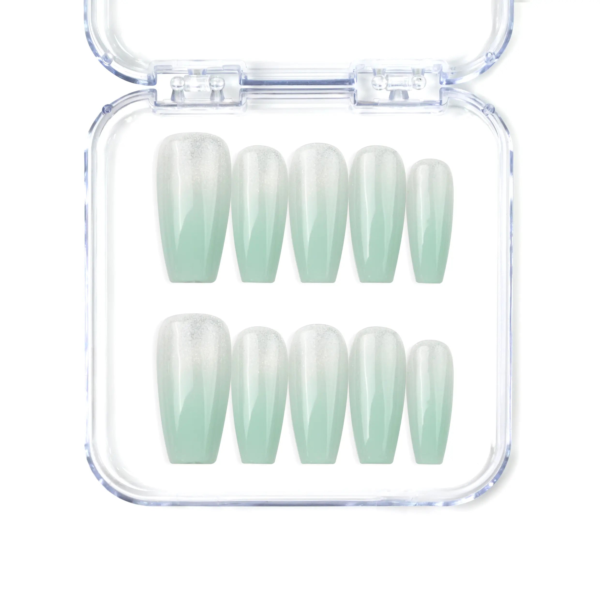 Naillover Misty Blue Fade handmade Singapore press on nails in long coffin shape, featuring misty grey to blue gradient.