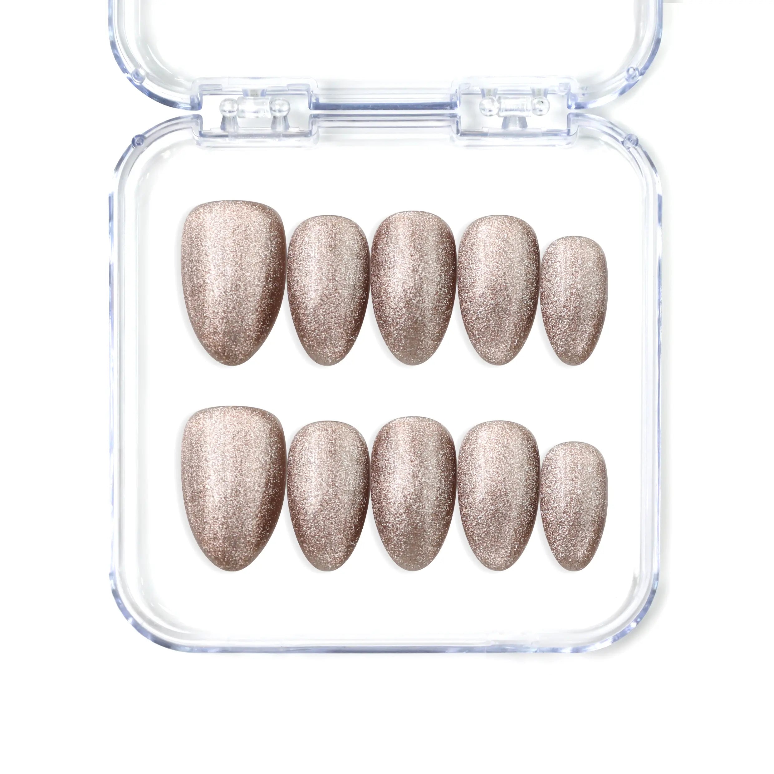 Naillover Mocha Gleam handmade Singapore press on nails in short almond shape with mocha brown cat-eye shimmer finish.