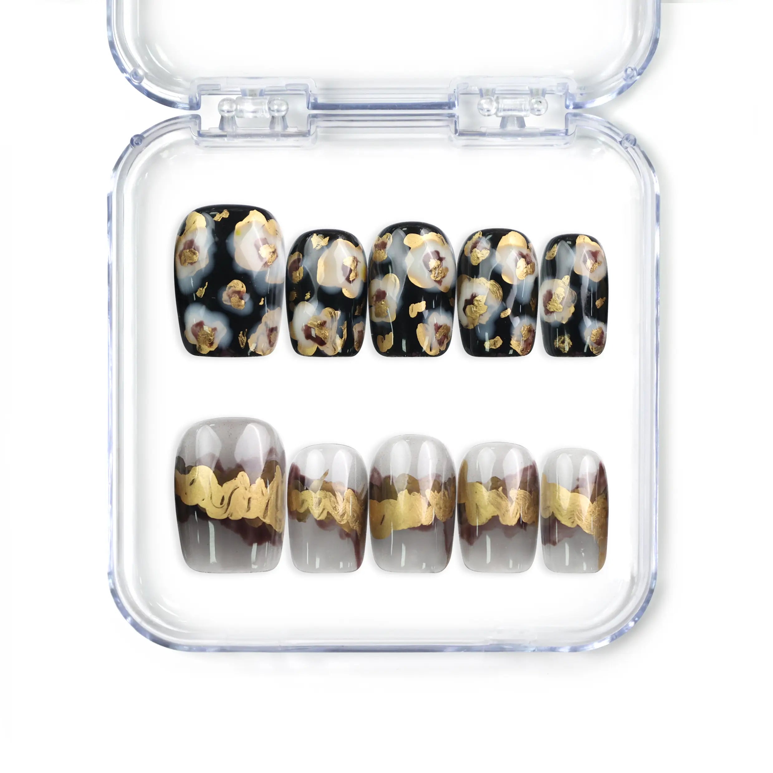 Mystic Flow handmade press on nails in abstract swirl of dark and light hues with gold and silver leaf accents by naillover, Singapore press on nails