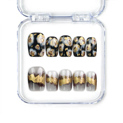 Mystic Flow handmade press on nails in abstract swirl of dark and light hues with gold and silver leaf accents by naillover, Singapore press on nails