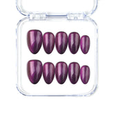 Short almond handmade press on nails in amethyst purple with a cat eye glow by Naillover, Singapore.