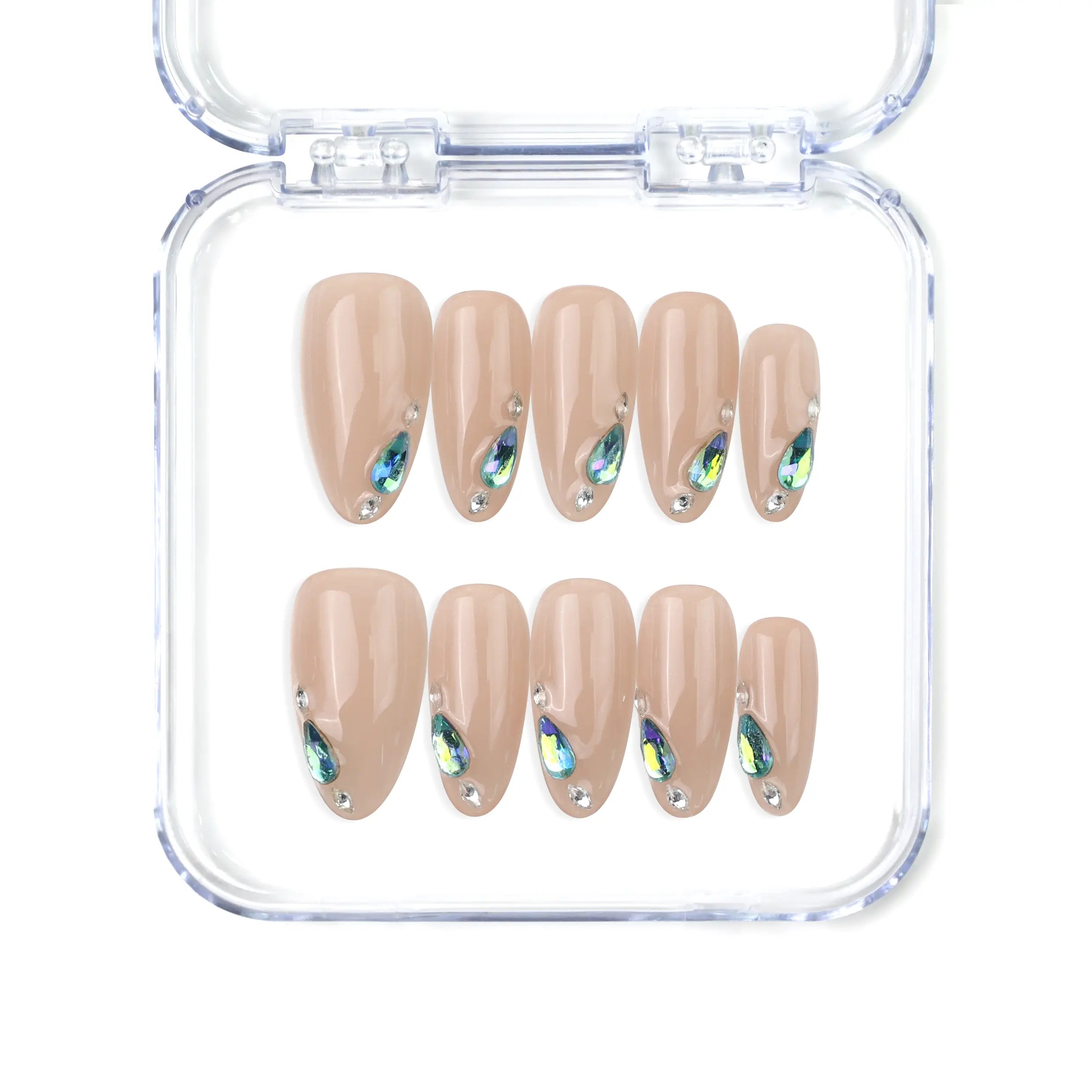 Naillover handmade press on nails with nude base and blue gem tips — Aqua Gem from the Singapore press on nails collection.