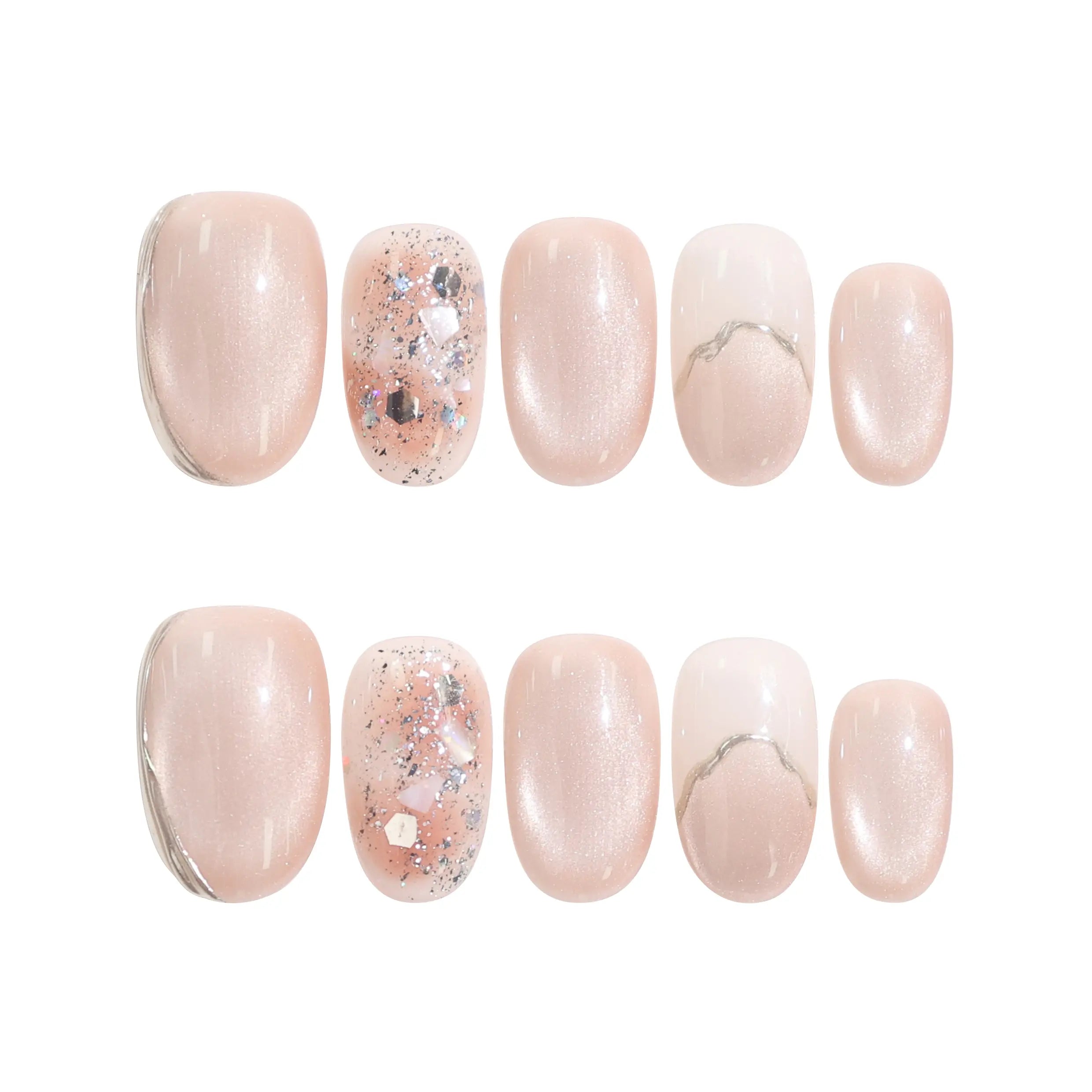 Naillover Blush Gemlet Gleam handmade Singapore press on nails in sheer pink gradient with silver accents on white background.