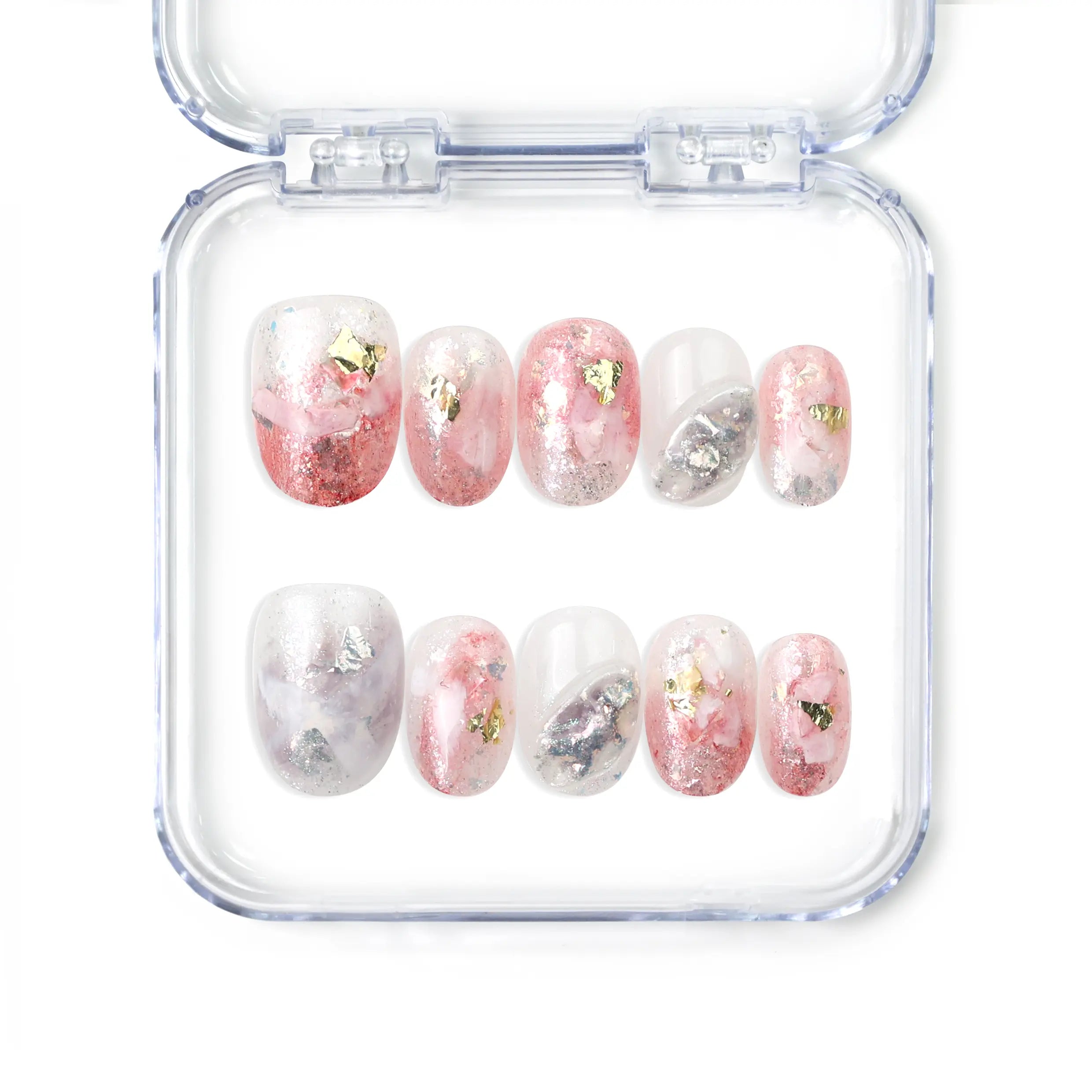 Naillover Blush Gold handmade press on nails with translucent blush base, gold foil, seashell accents, and soft marble details.