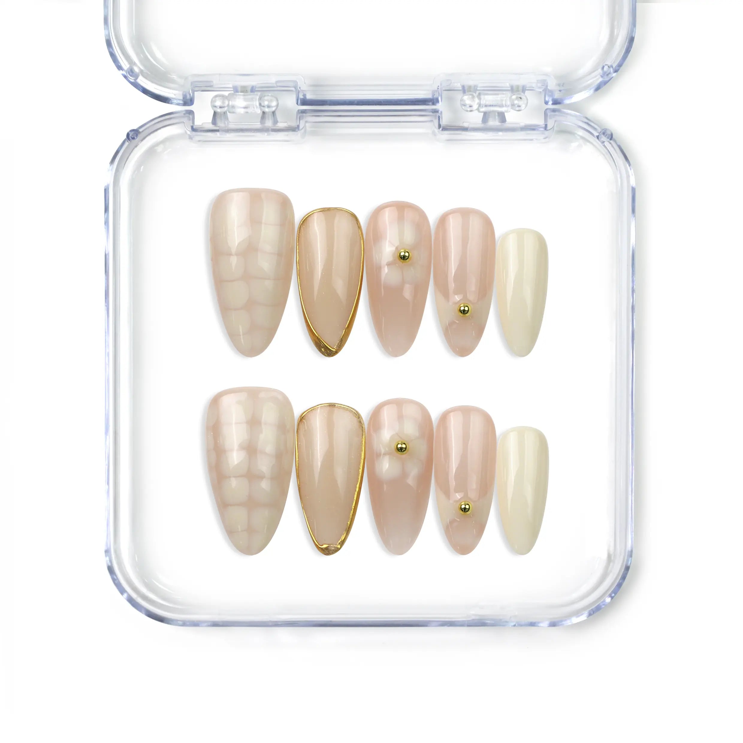 Naillover handmade press on nails in almond shape, featuring blush pink and coral gradient design with subtle lattice detail — summer-ready nails from Singapore.