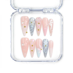 Naillover Butterfly's Dream handmade press on nails Singapore with pastel gradient, floral designs, and gold bead accents for trendy summer style.