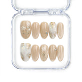 Naillover Cappuccino Daisy handmade press on nails Singapore in neutral beige with delicate floral patterns for a chic and classic look.