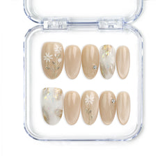 Naillover Cappuccino Daisy handmade press on nails Singapore in neutral beige with delicate floral patterns for a chic and classic look.