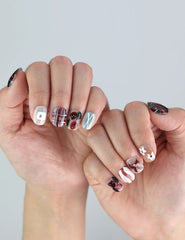 Elegant hand styling Naillover Chocolate Plaid nails—classic and cute nails with floral charm, handmade from press on nails SG collection.