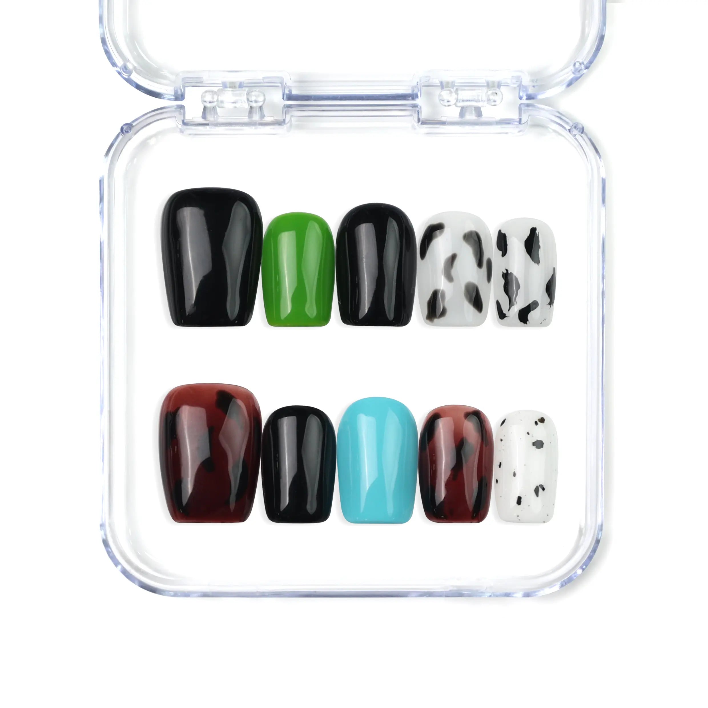 Short coffin handmade press on nails in brown tones with cow print and colorful accents by Naillover Singapore.