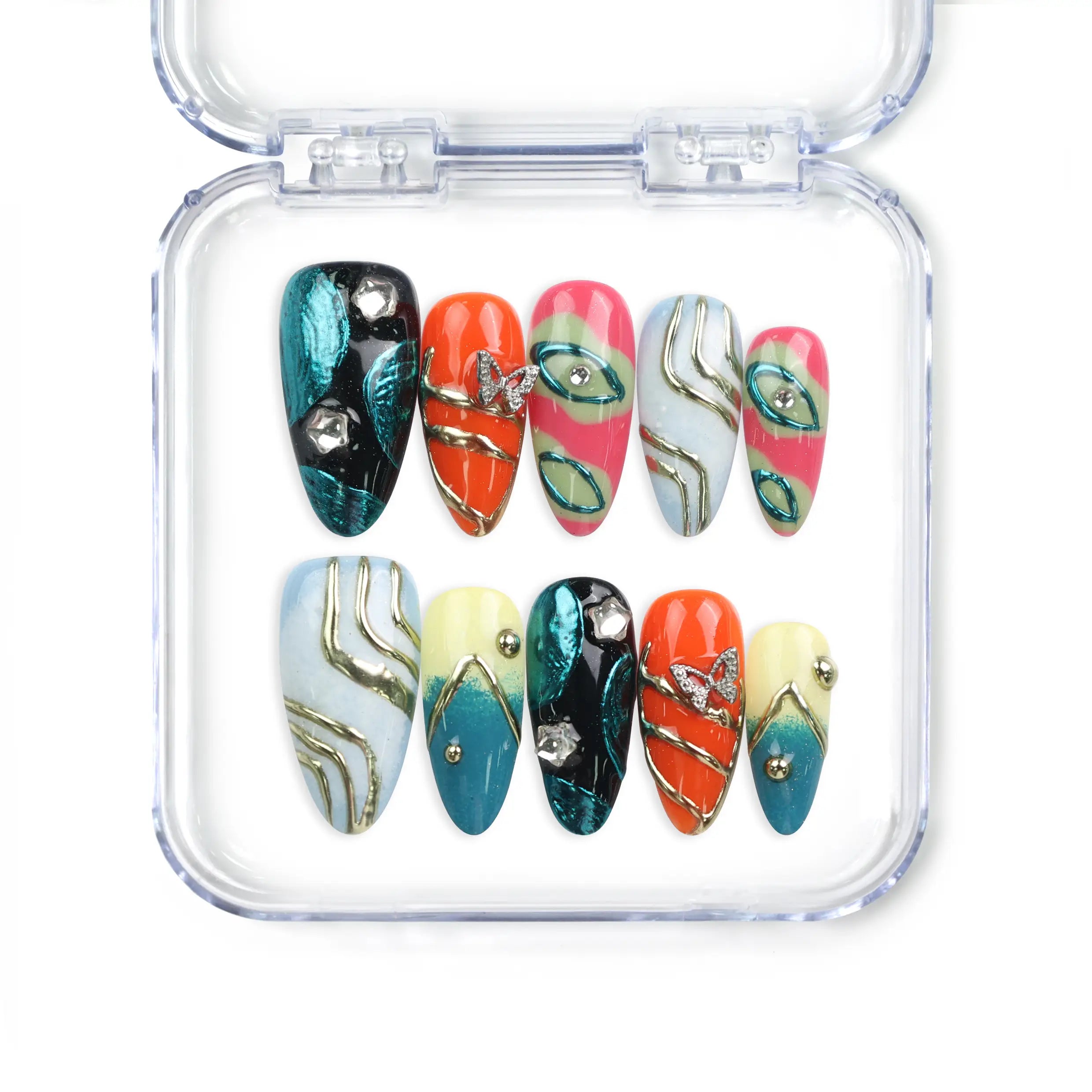 Cosmo Glam handmade Singapore press on nails by Naillover featuring vibrant Y2K colors and retro-inspired patterns for a playful, trendy style