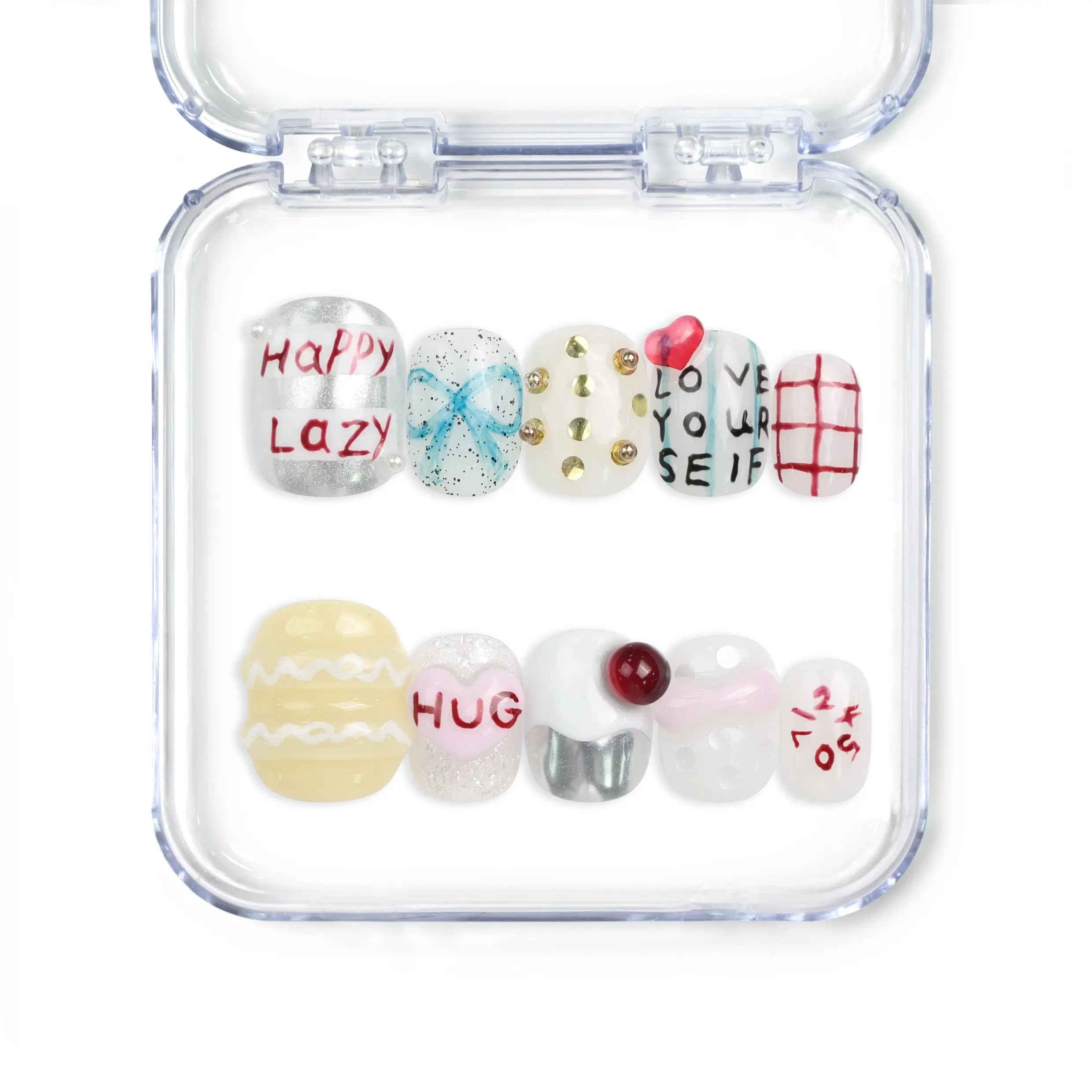 Naillover Cozy Hugs handmade Singapore press on nails with colorful designs, phrases, and 3D accents for a playful nail art look.