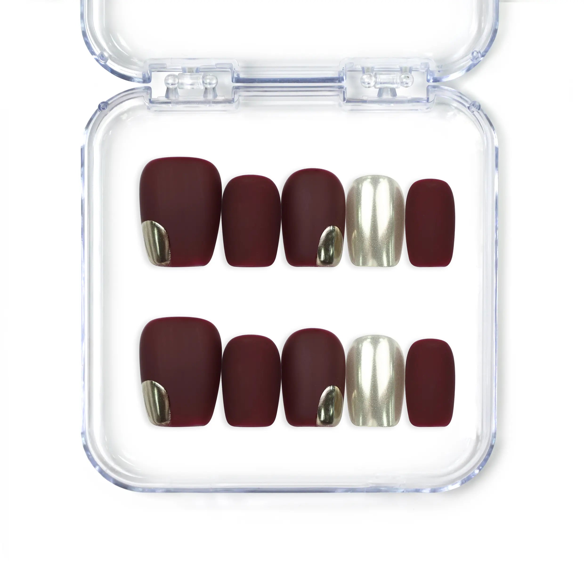 Naillover Crimson Glint handmade burgundy press on nails with metallic accents, trendy nails SG collection