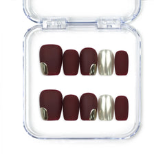 Naillover Crimson Glint handmade burgundy press on nails with metallic accents, trendy nails SG collection