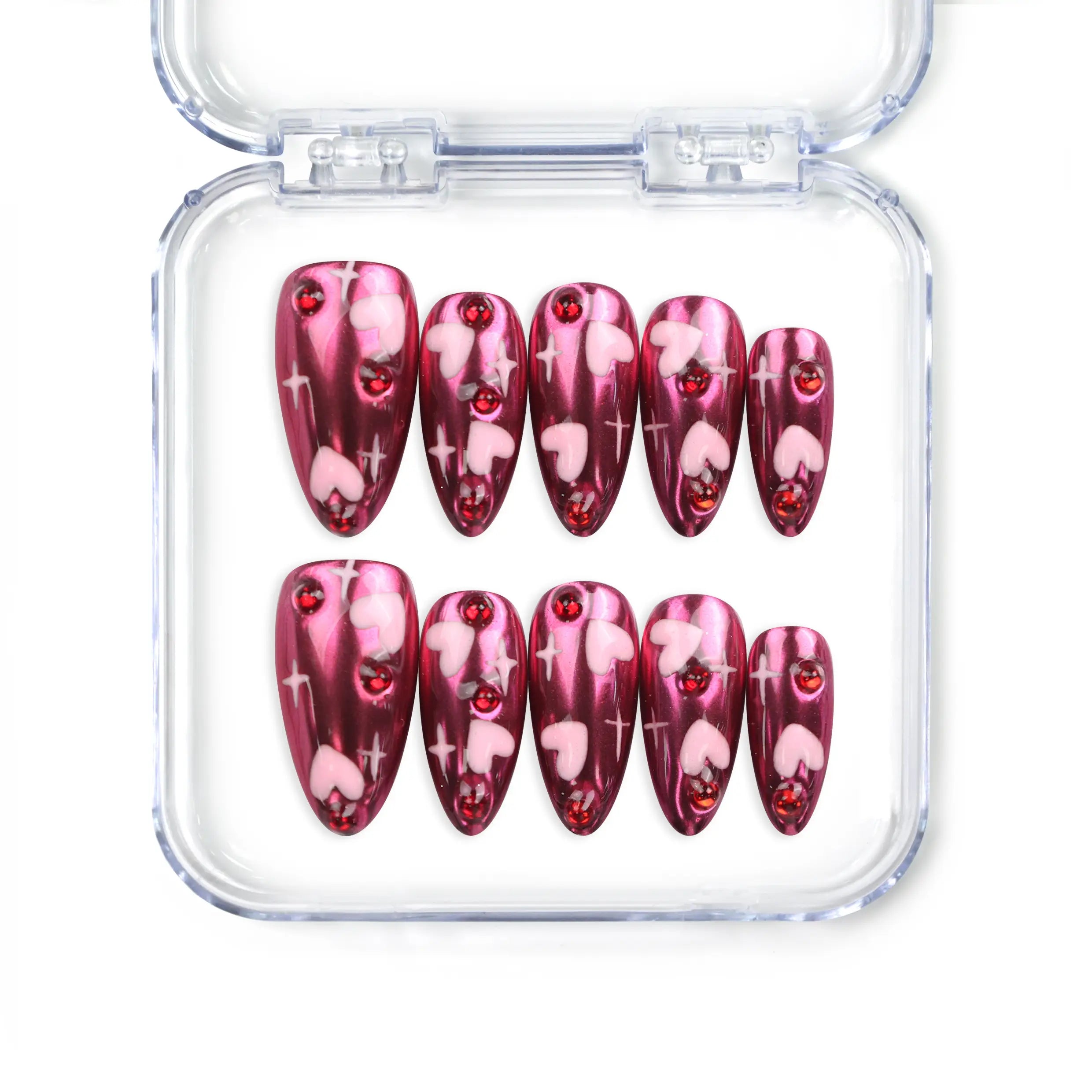 Cupid's Curve handmade Singapore press on nails by naillover featuring vibrant magenta base, heart patterns, and sparkling rhinestone accents for a romantic look