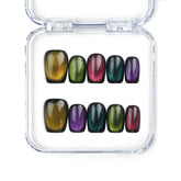 Galaxy Velvet black cat eye handmade press on nails from Singapore by Naillover, shimmering in emerald, amethyst, and ruby tones