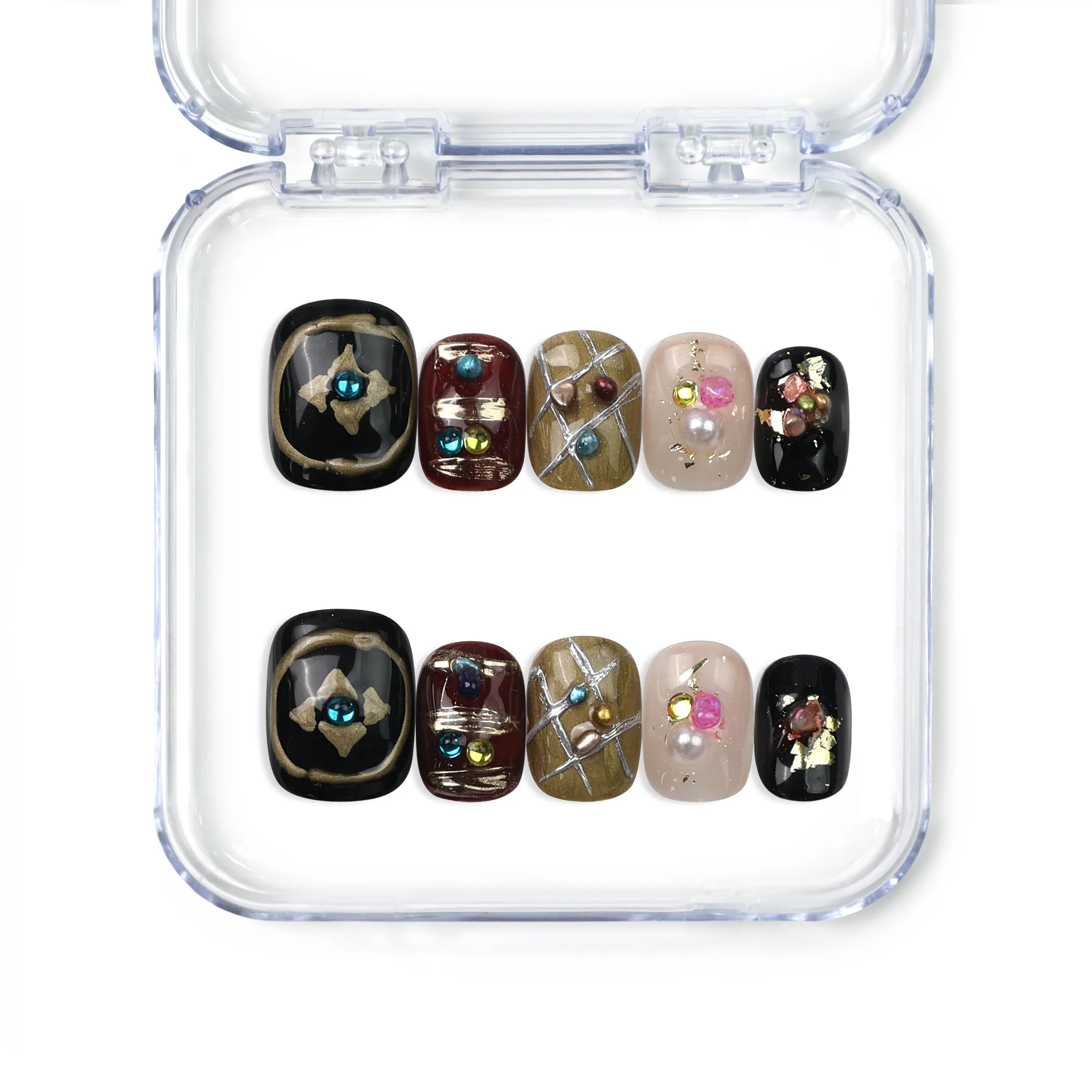 Naillover Gem Enchant handmade press on nails with a black base, 3D stars, and gemstones from the Singapore press on nails collection.