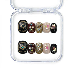 Naillover Gem Enchant handmade press on nails with a black base, 3D stars, and gemstones from the Singapore press on nails collection.