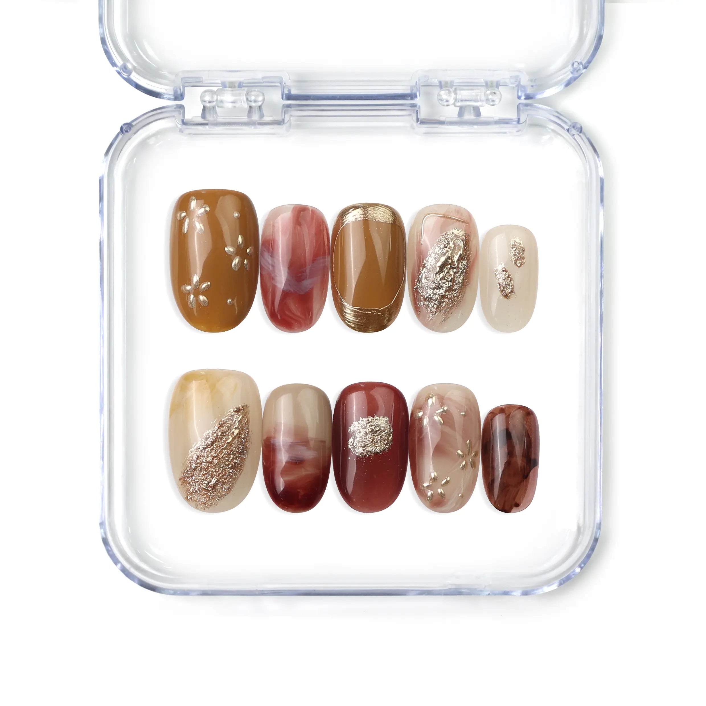 Naillover Gilded Brown handmade press on nails featuring burgundy florals, golden shimmer, and gradients from the Singapore press on nails collection.