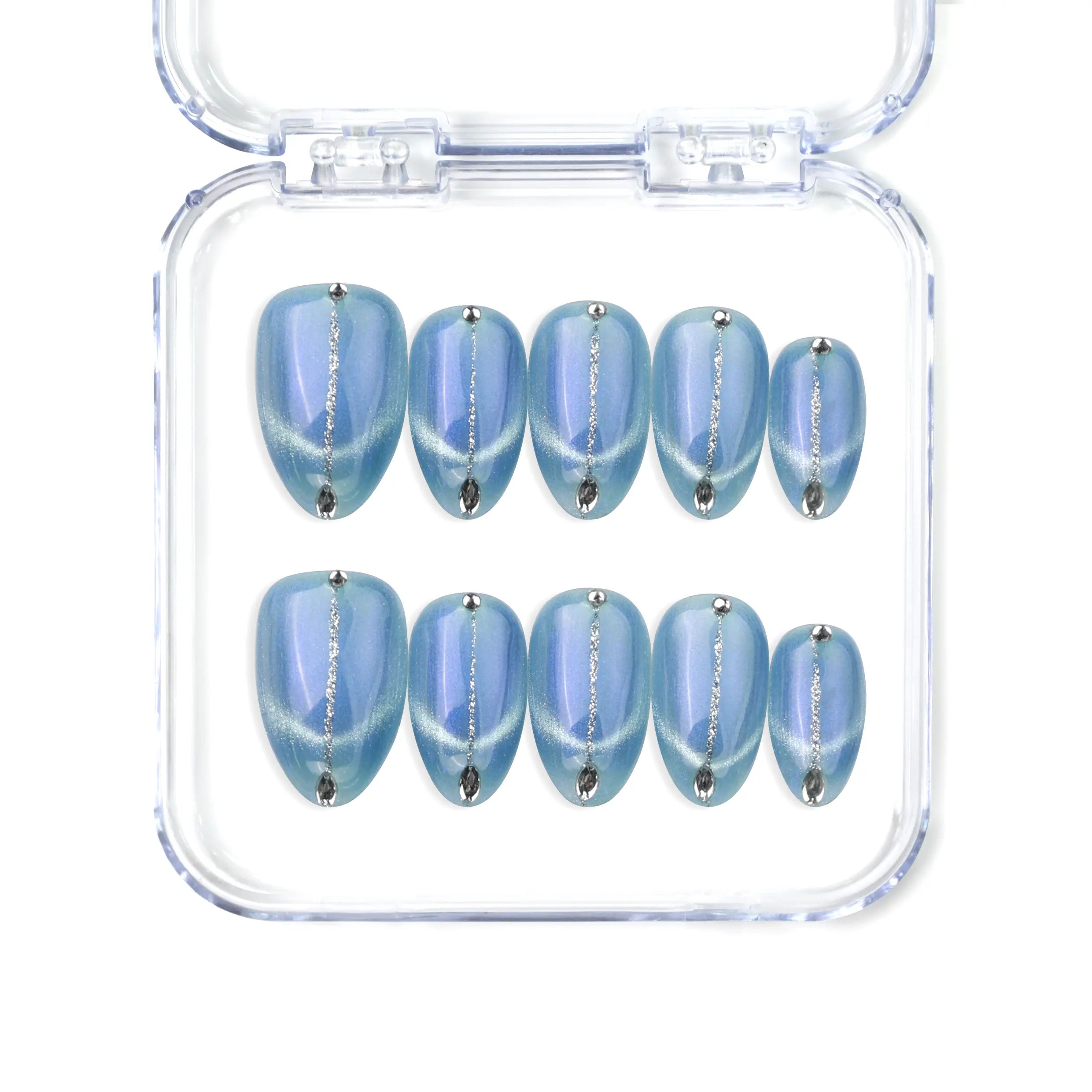 Short almond handmade press on nails in icy blue with a soft cat eye effect by Naillover, Singapore.