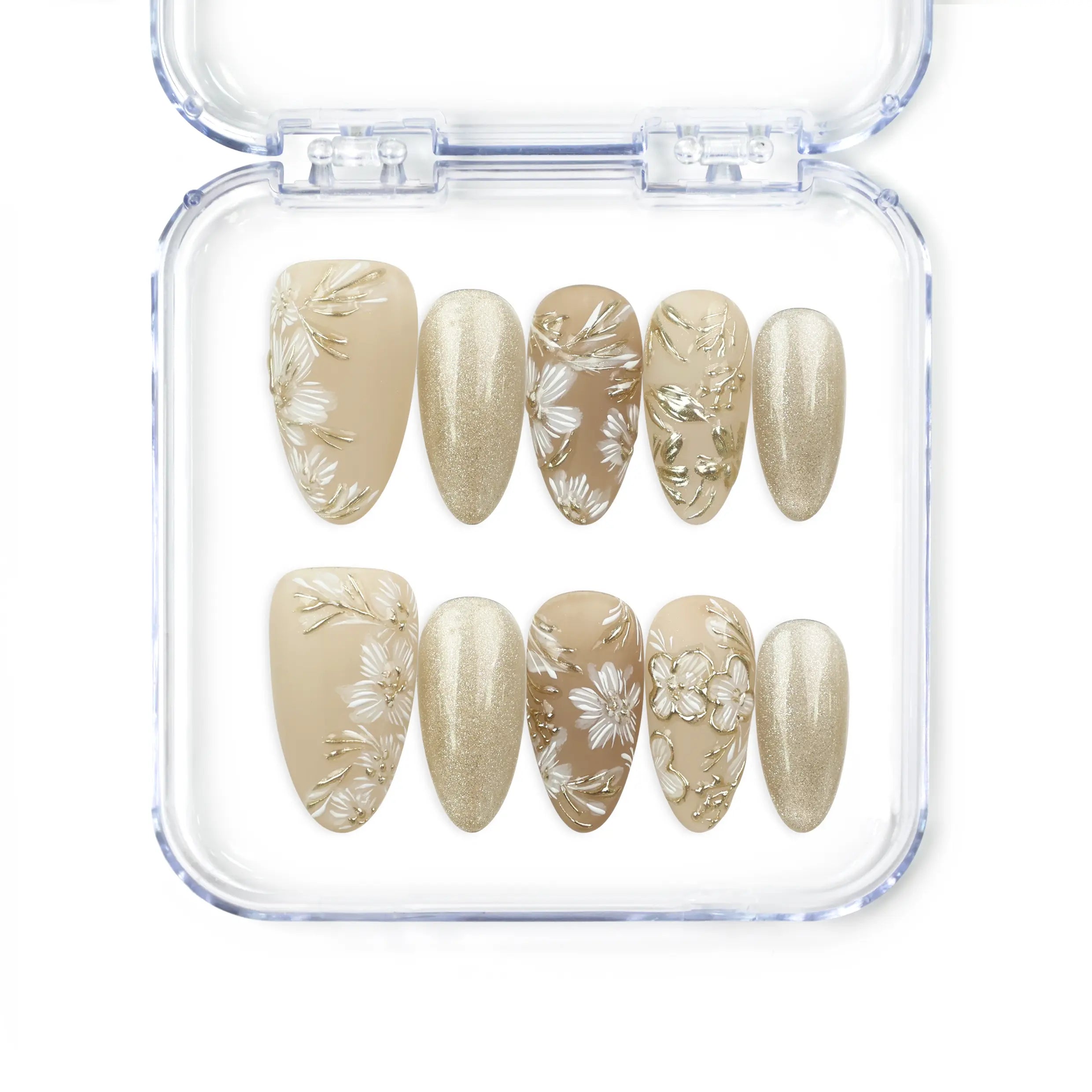 Golden Brown Floral Shine handmade press on nails by Naillover with matte and shimmering gold tones, white floral and leaf motifs — elegant Singapore press on nails.