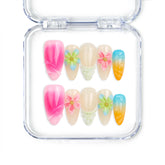 Naillover Gradient Fantasy handmade press on nails Singapore, featuring colorful gradient hues with 3D flowers and glittering accents.