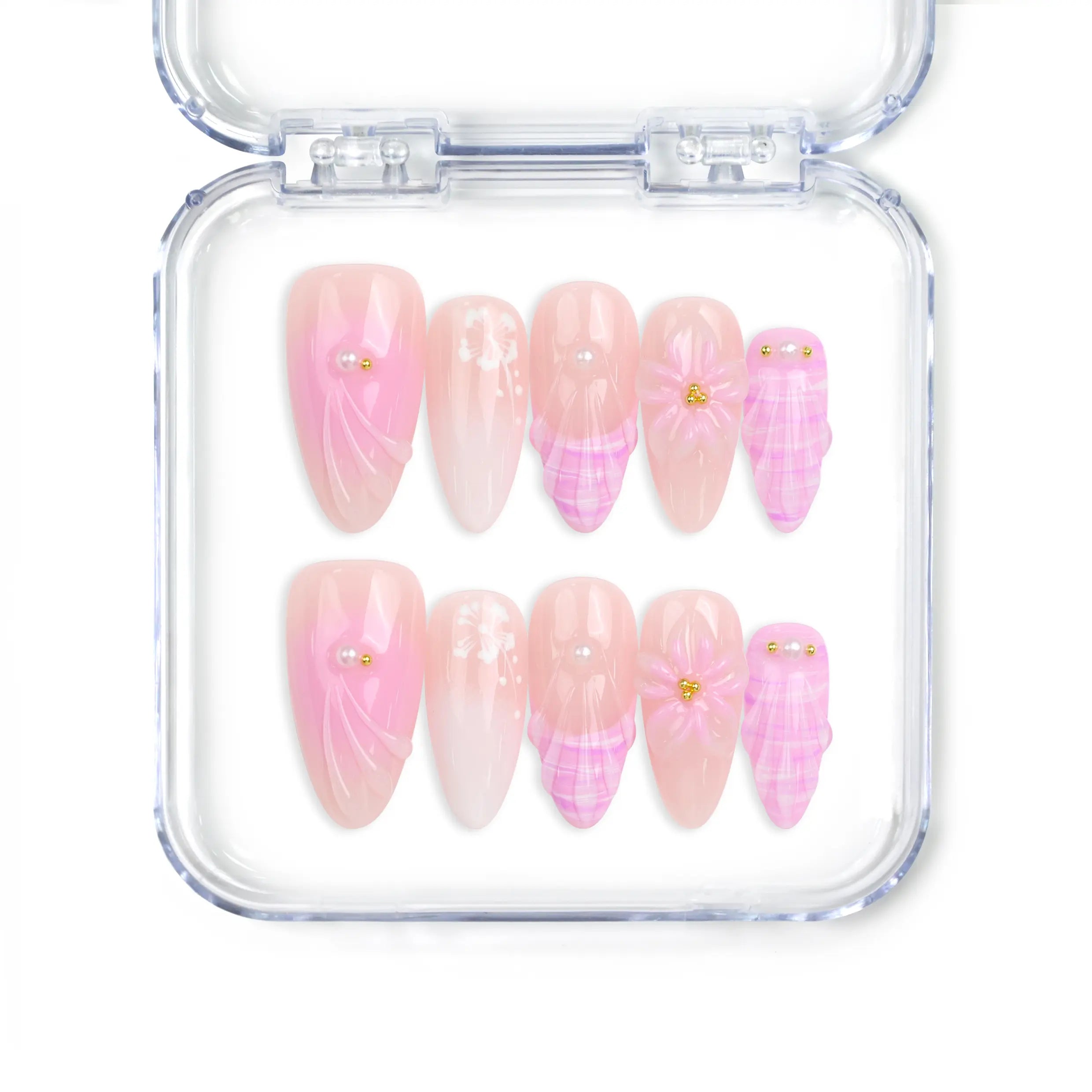 Lavender Bloom handmade press on nails Singapore with floral and gold design, Naillover 3D summer nails collection
