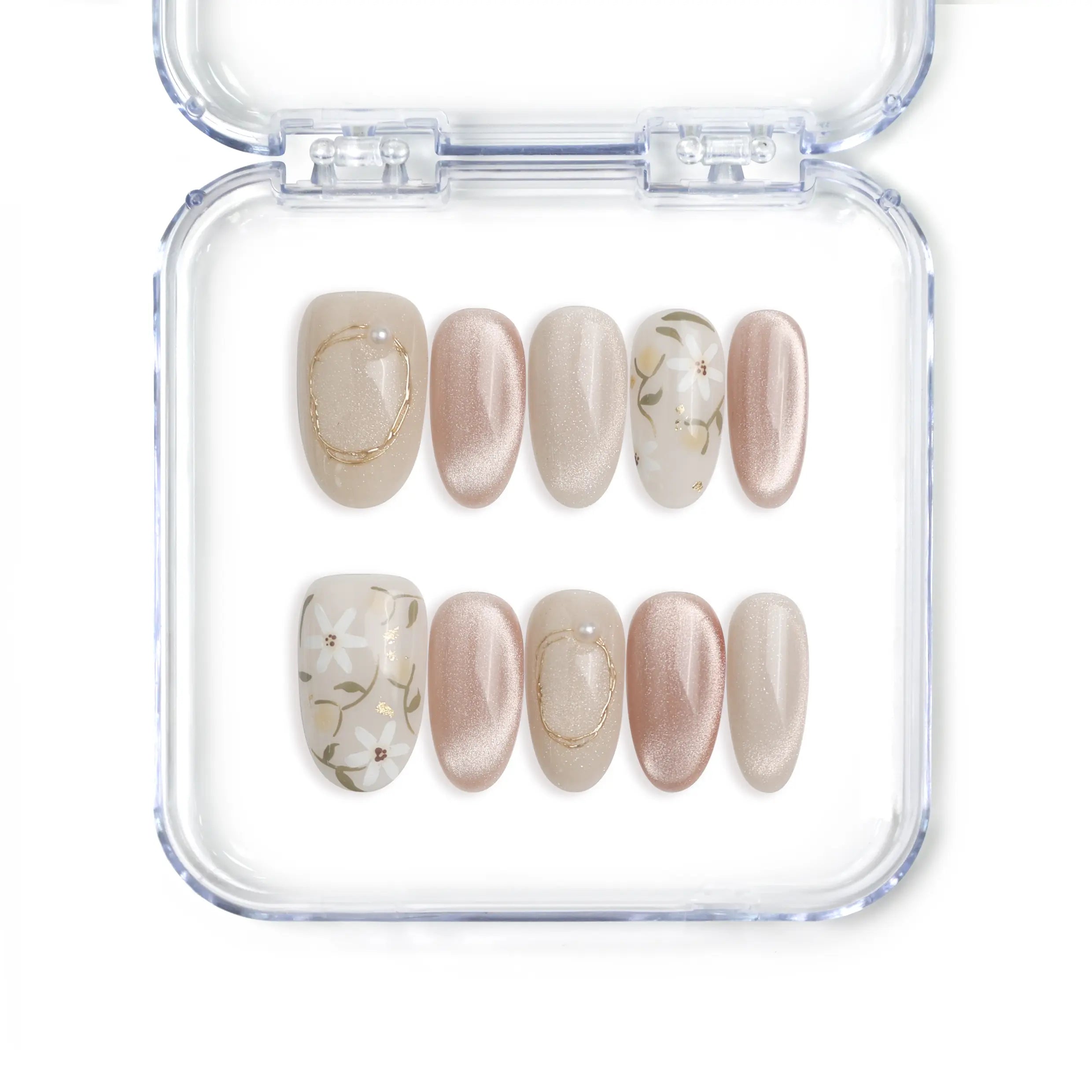 Gradient pink and white floral press on nails with sparkles, from Naillover’s handmade Singapore collection.