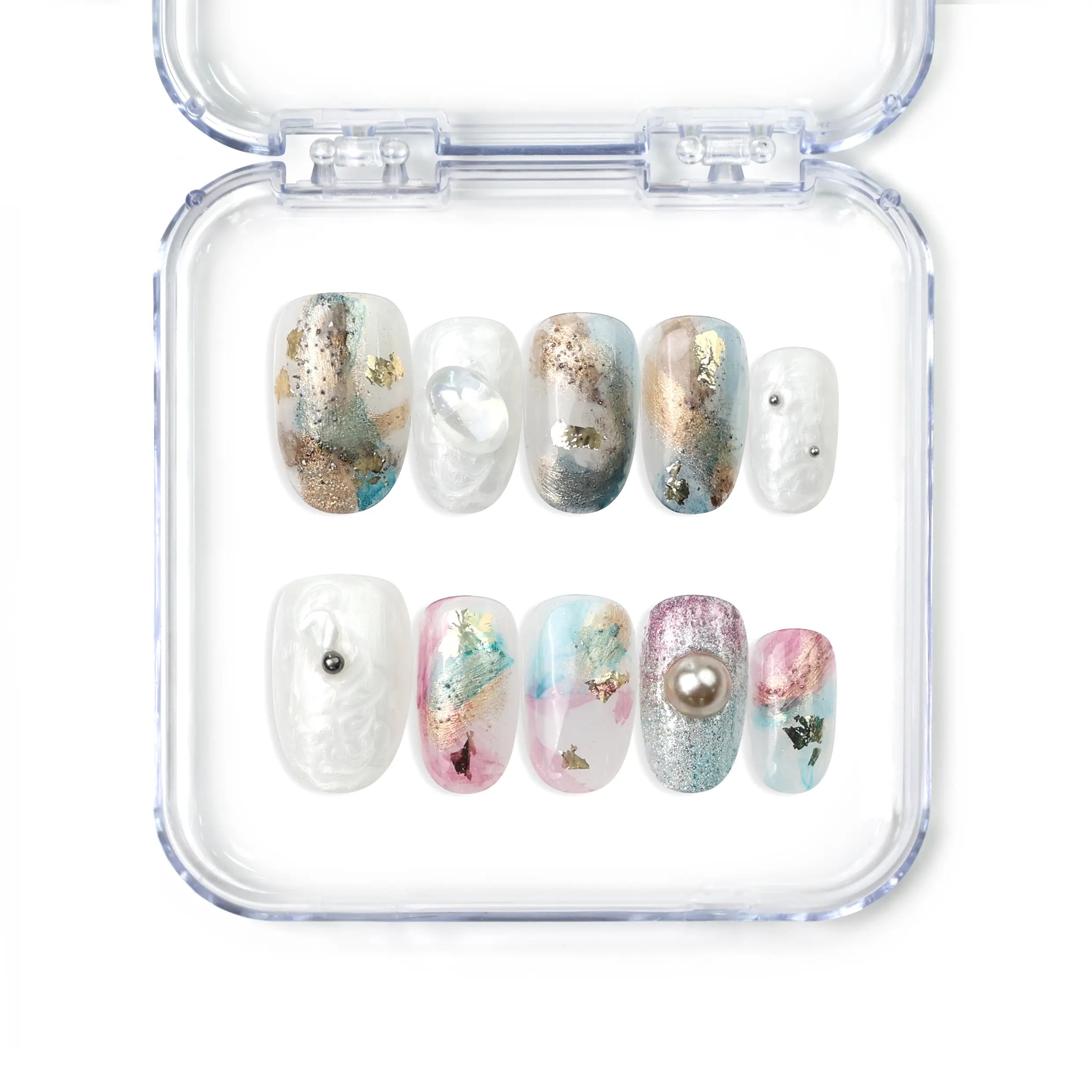 Naillover Mermaid Sparkle handmade press on nails in smoky green and purple jelly tones with gold foil, short oval shape, made in Singapore.