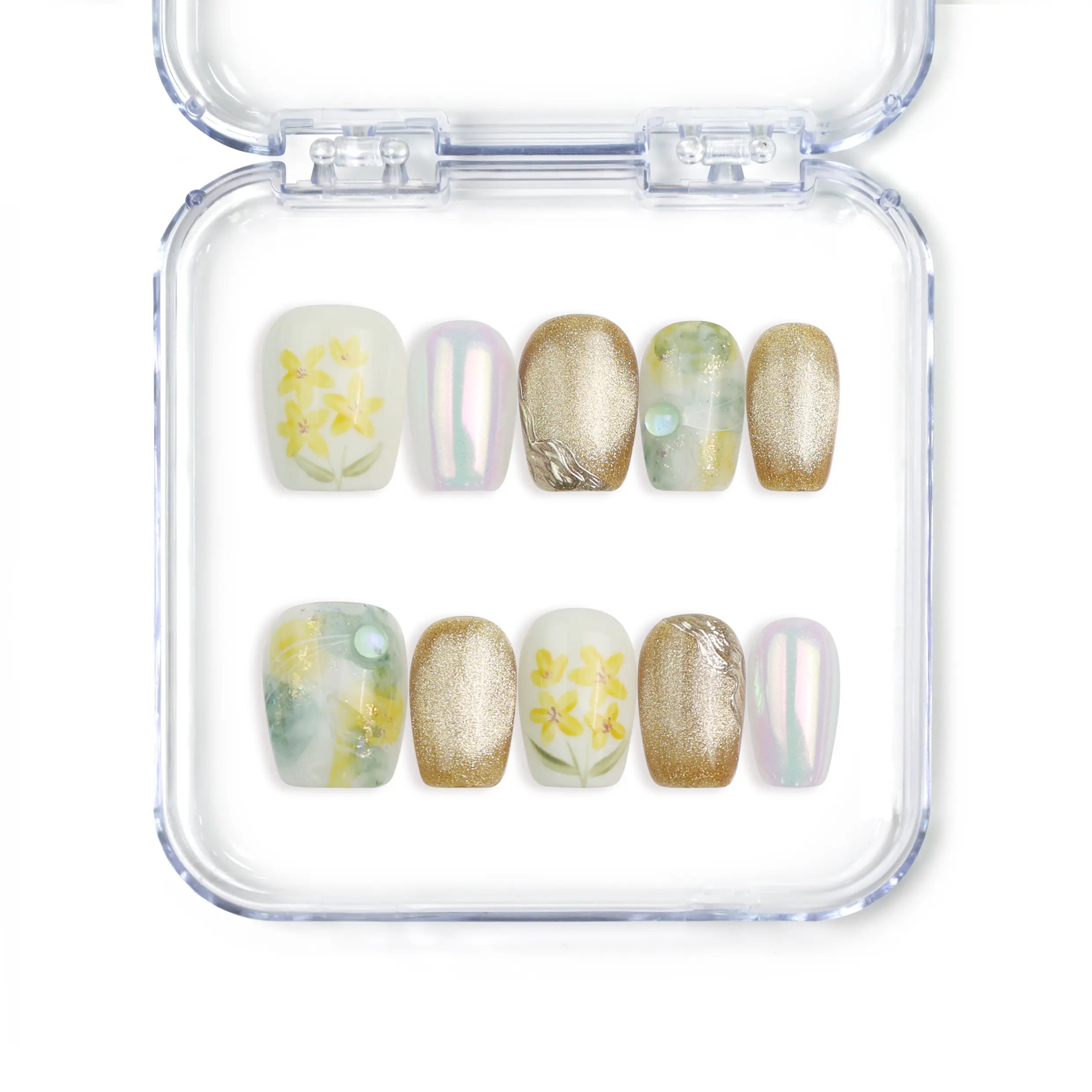 Full set of Naillover Nature's Glow Singapore press on nails featuring handmade floral designs with gold foil accents and a soft natural finish.