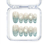 Naillover Ocean Whisper Singapore press on nails, handmade set featuring blue gradient with 3D starfish and pearl accents for a coastal summer look