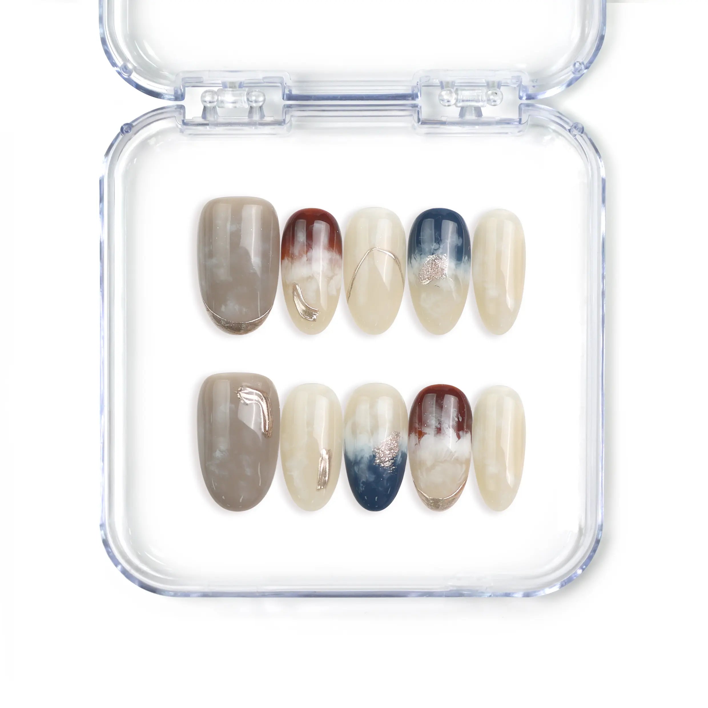 Naillover Oceanic Essence press-on nails featuring blue marbled patterns, shimmer, and gold accents, handcrafted in Singapore.